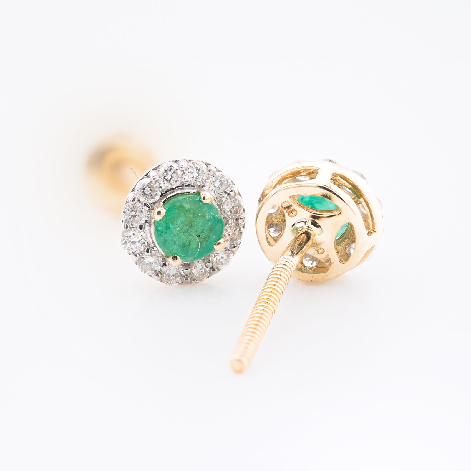 14k Yellow Gold 3mm Emerald and Diamond Halo Stud Earrings