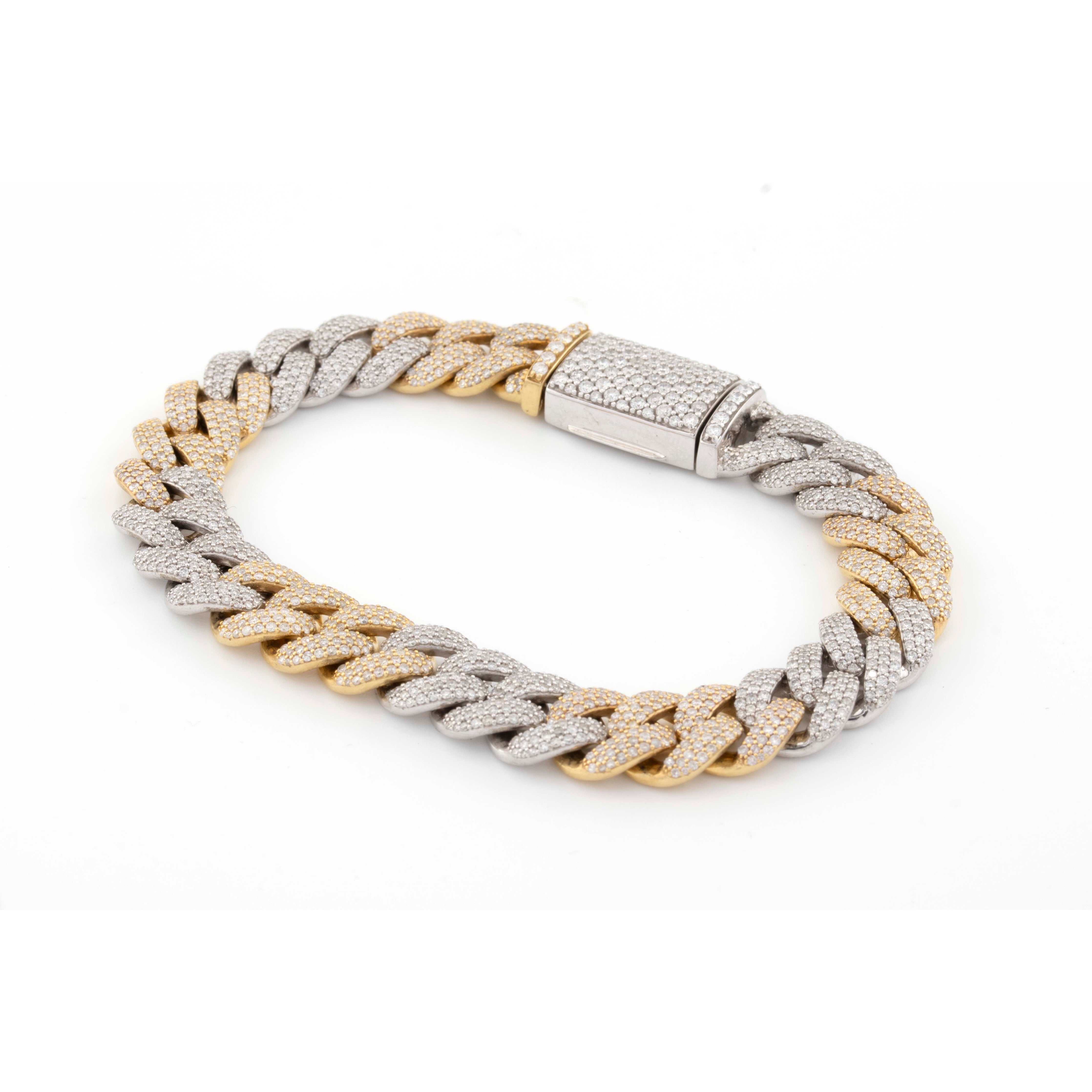 10k Yellow White Gold Two-Tone 3 Row 11mm Honeycomb 7.76CT Diamond Cuban Bracelet