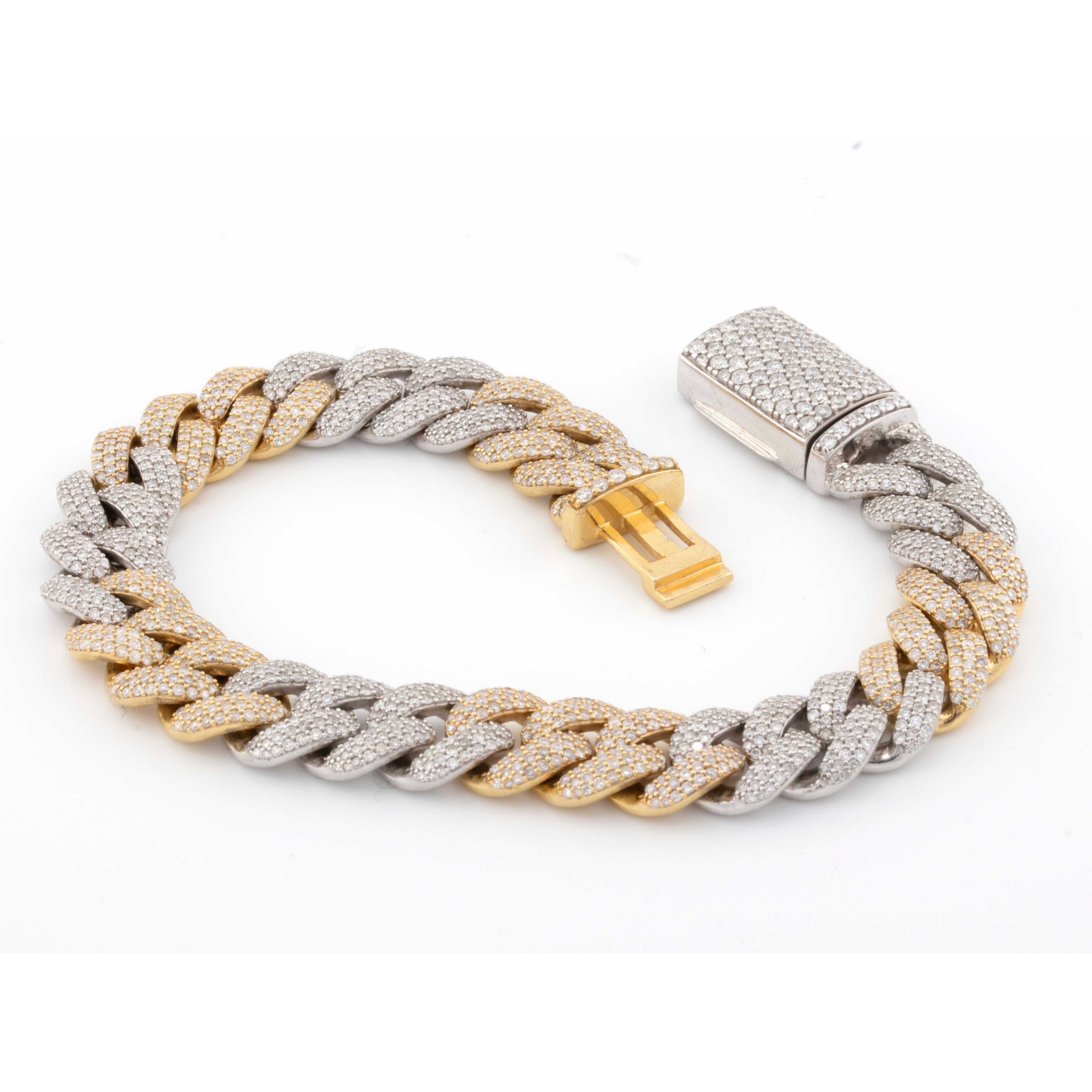 10k Yellow White Gold Two-Tone 3 Row 11mm Honeycomb 7.76CT Diamond Cuban Bracelet