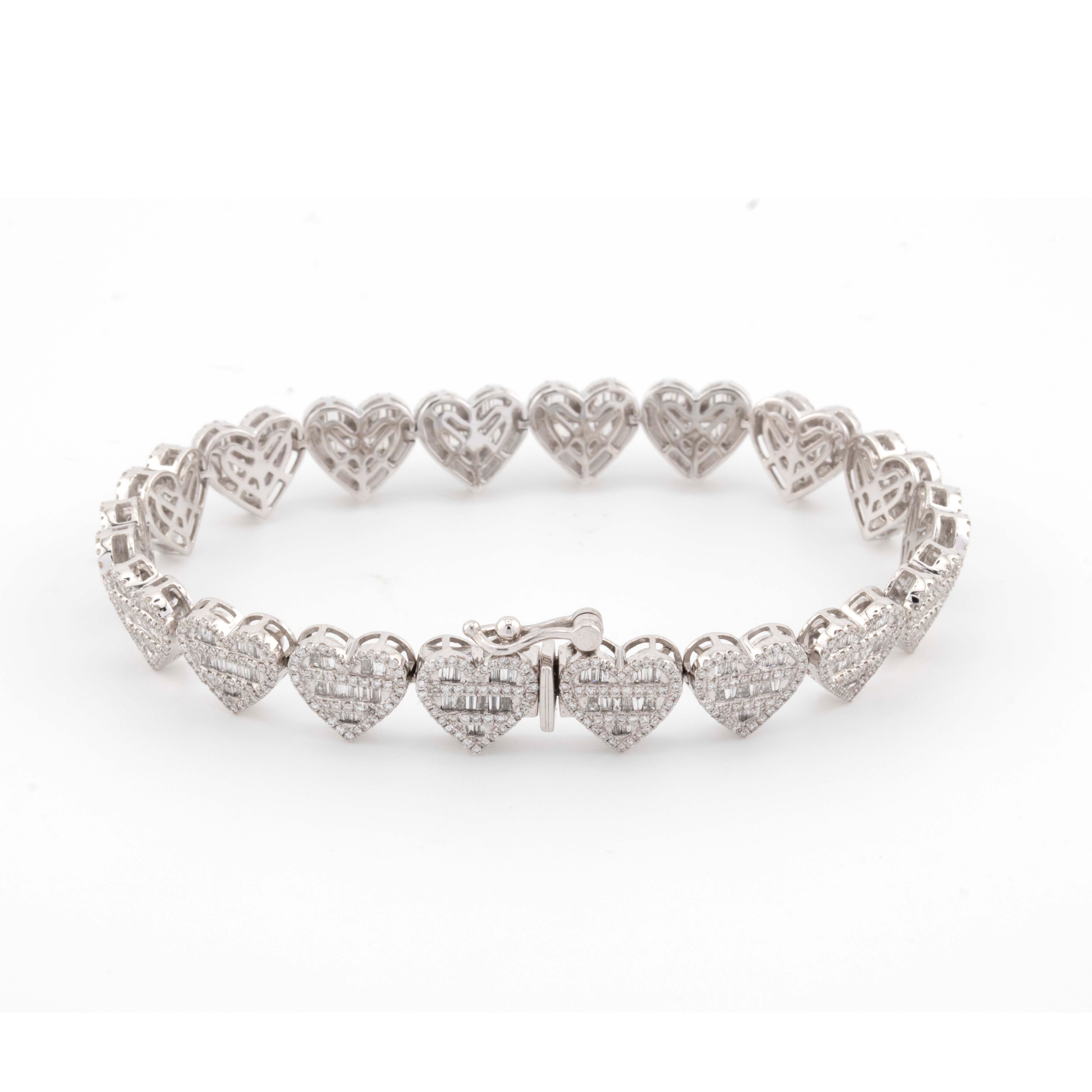 10k White Gold Baguette and Round Diamond Heart Bracelet 3.67CT