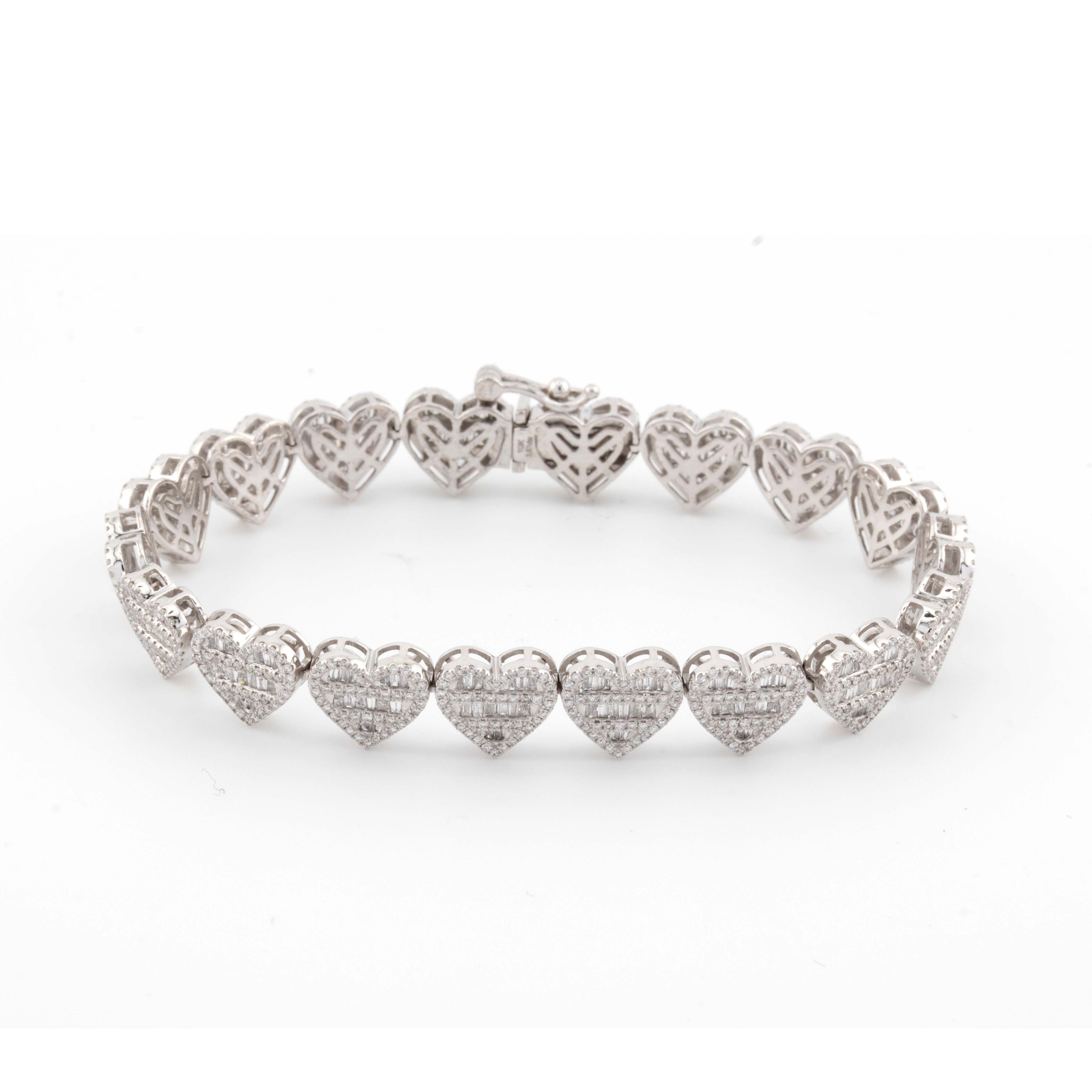 10k White Gold Baguette and Round Diamond Heart Bracelet 3.67CT