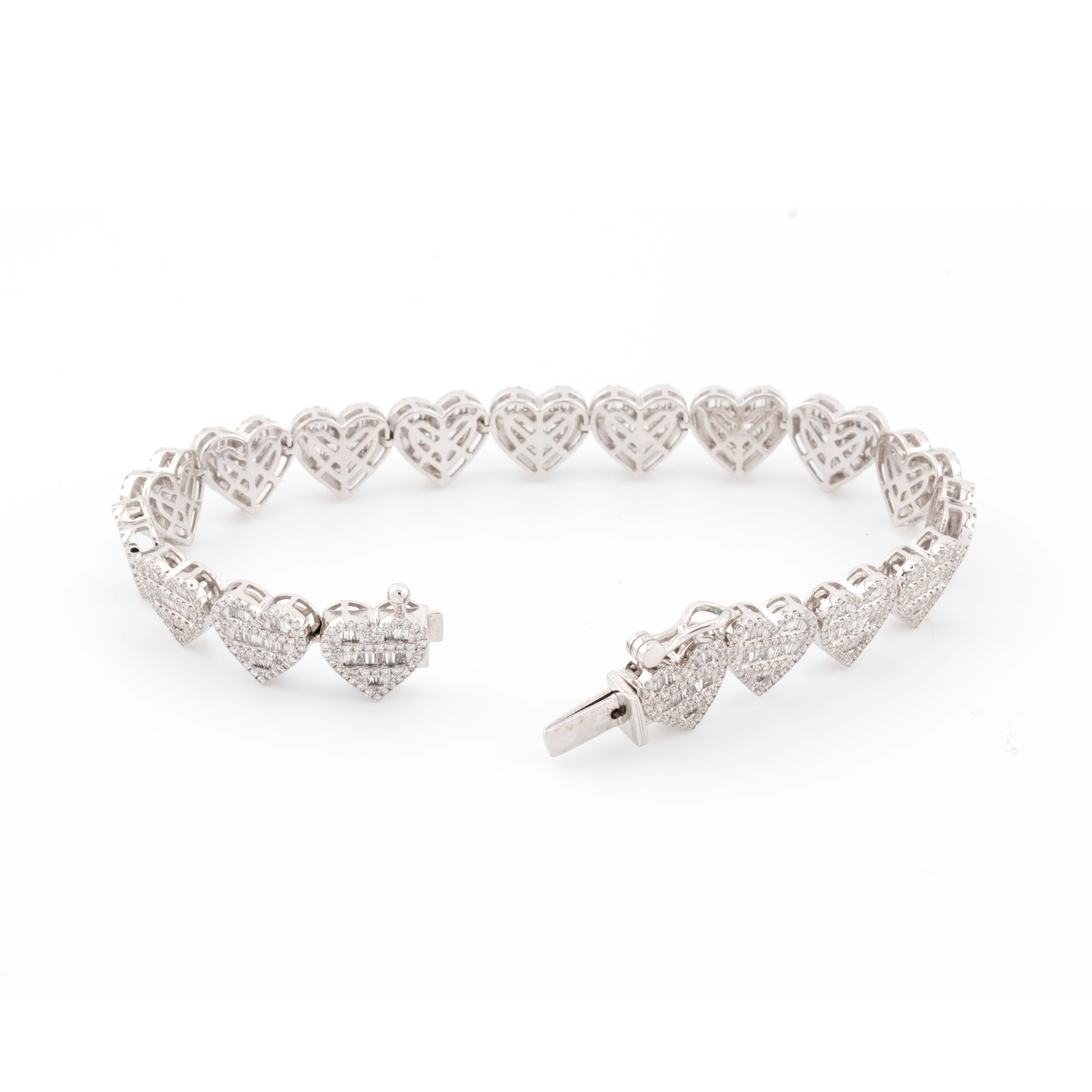 10k White Gold Baguette and Round Diamond Heart Bracelet 3.67CT