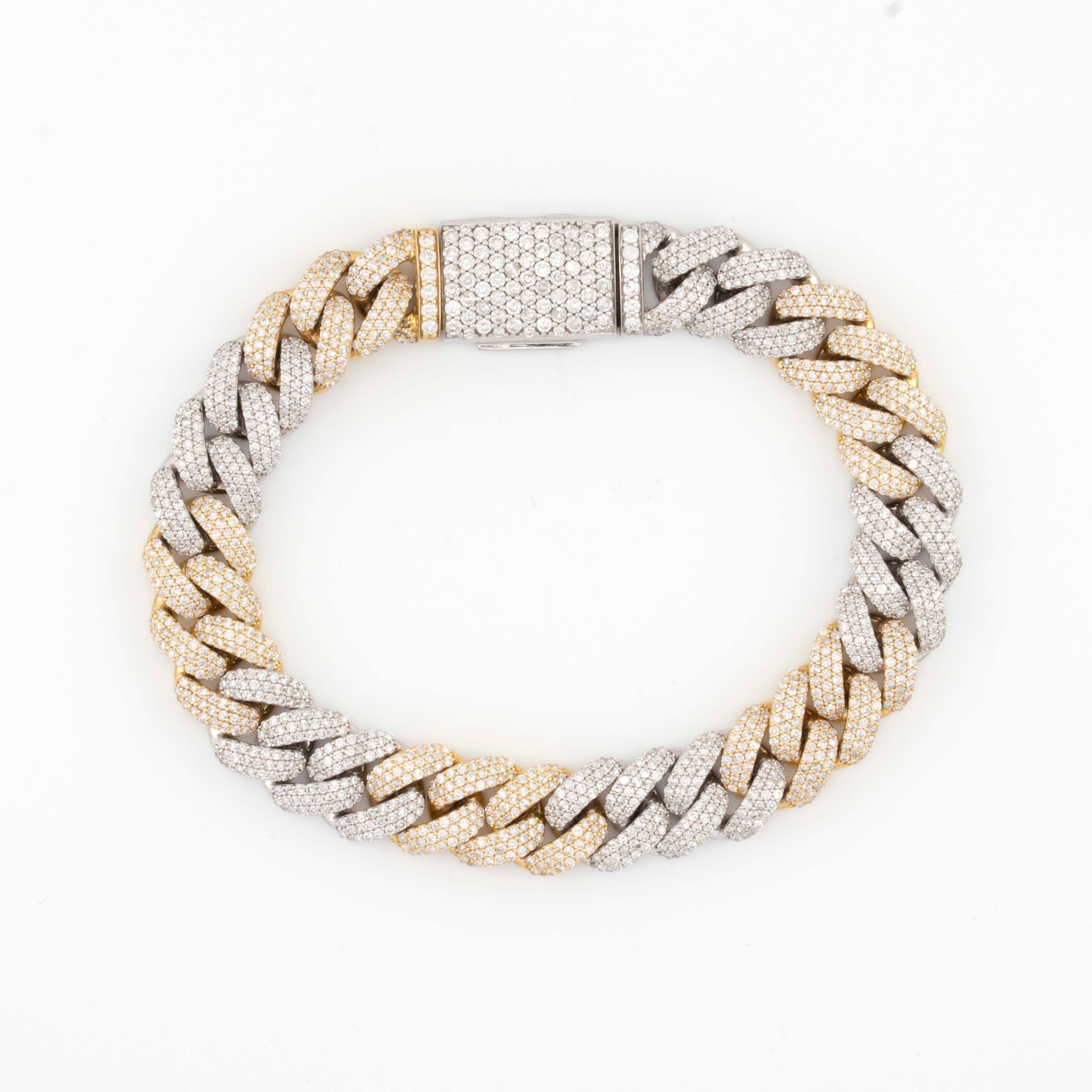 10k Yellow White Gold Two-Tone 3 Row 11mm Honeycomb 7.76CT Diamond Cuban Bracelet