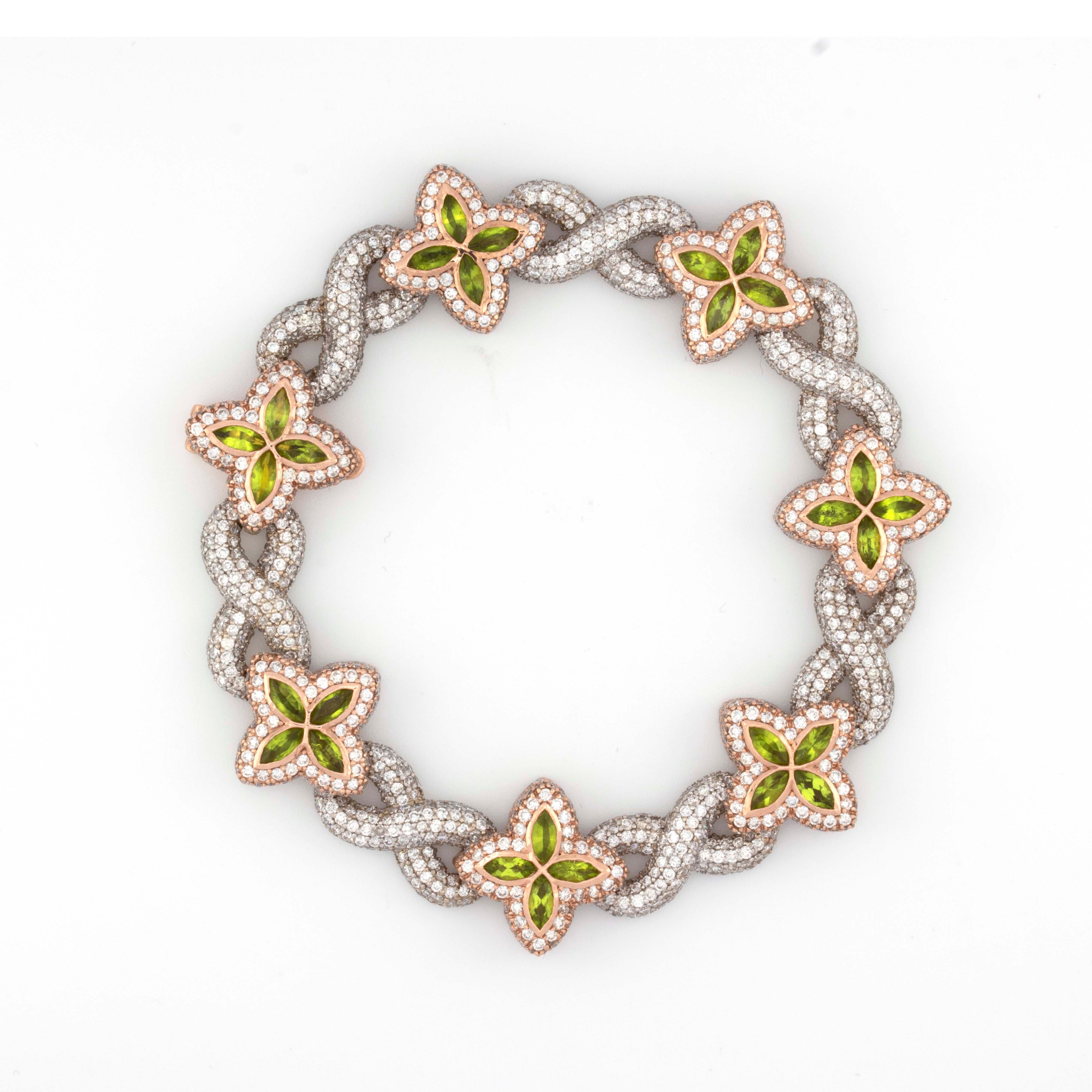 10k Rose / White Infinity Green Enamel Clove 14CT Diamond Bracelet