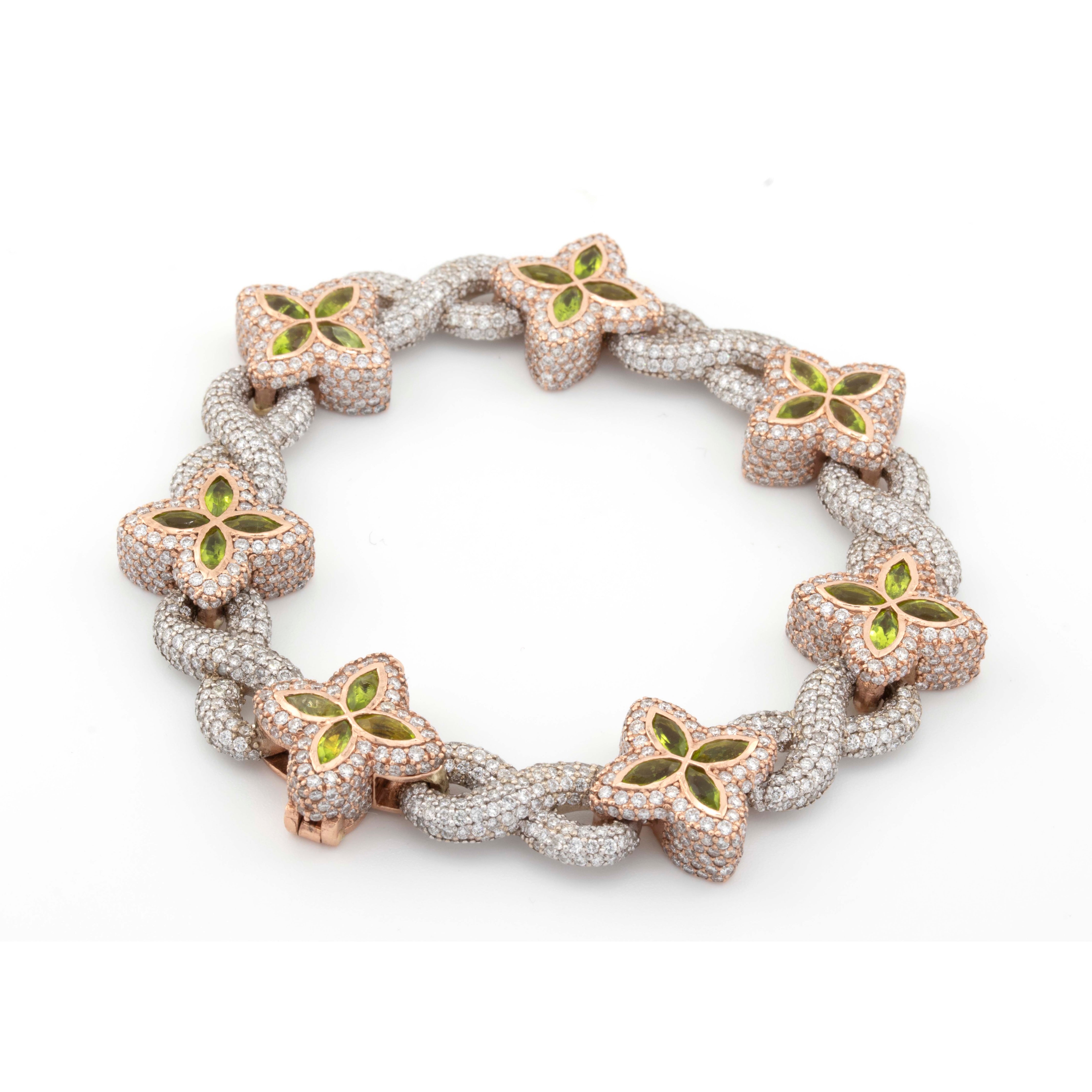 10k Rose / White Infinity Green Enamel Clove 14CT Diamond Bracelet