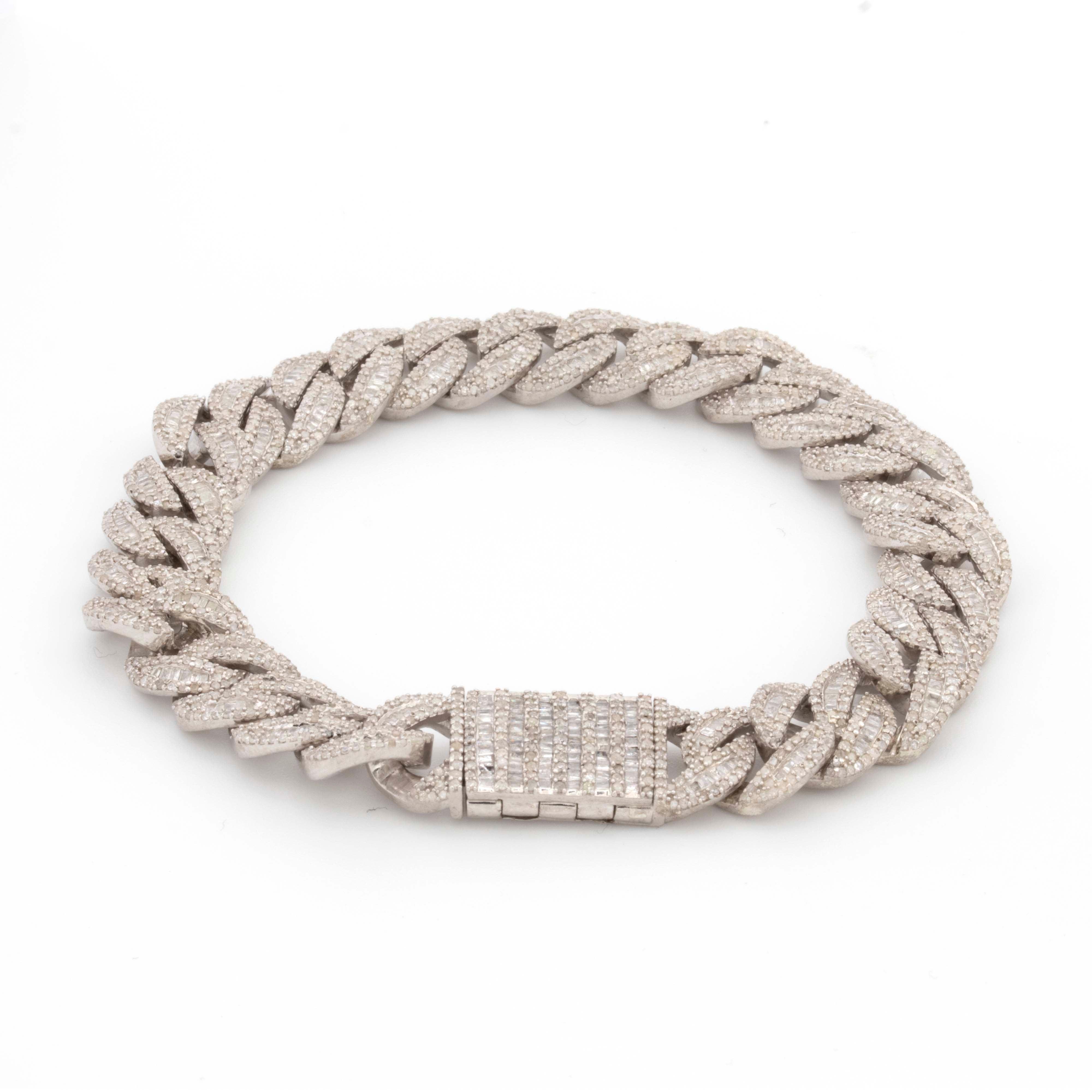 Silver Diamond Baguette Cuban 6.35CT Diamond Bracelet