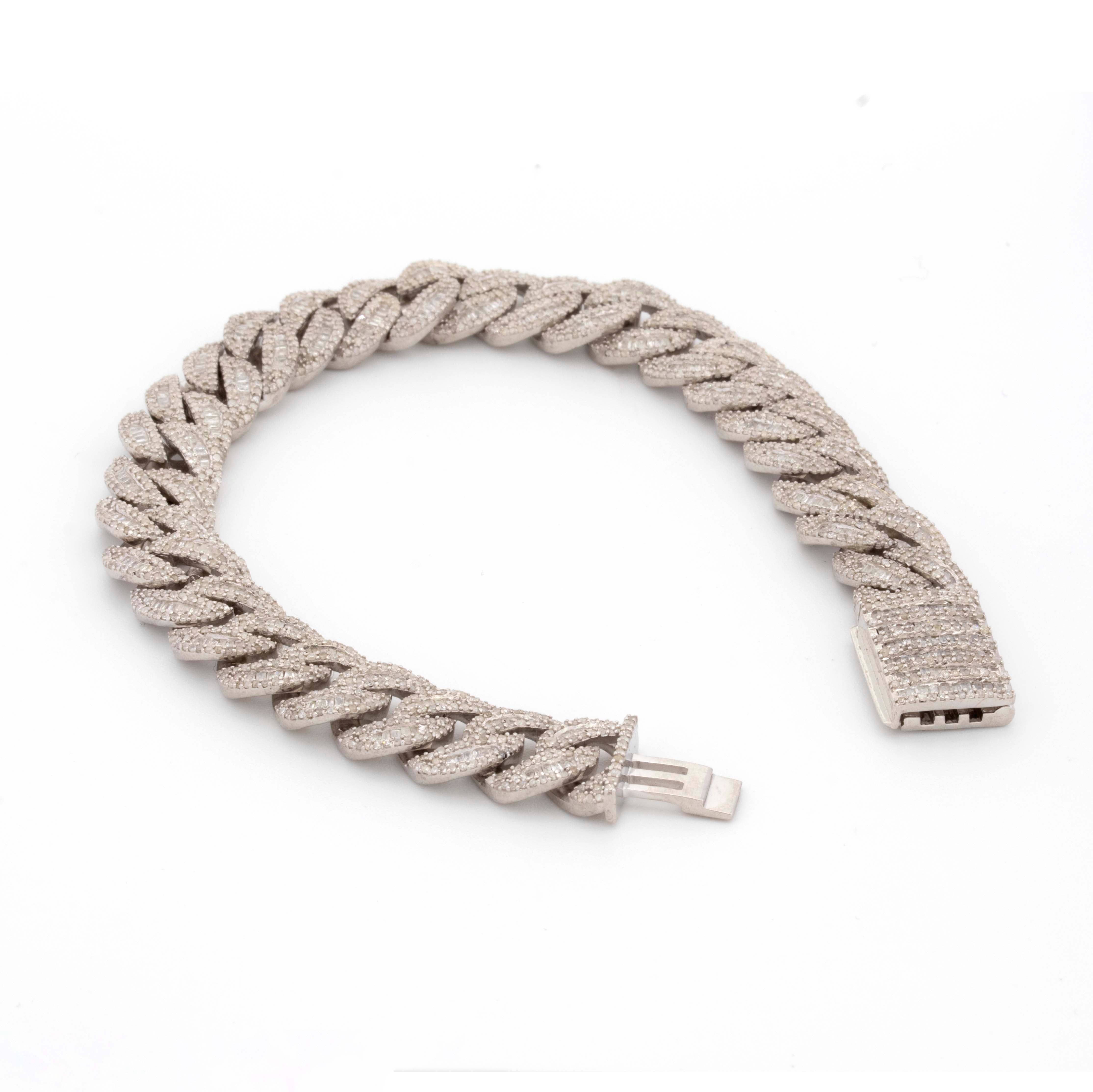 Silver Diamond Baguette Cuban 6.35CT Diamond Bracelet