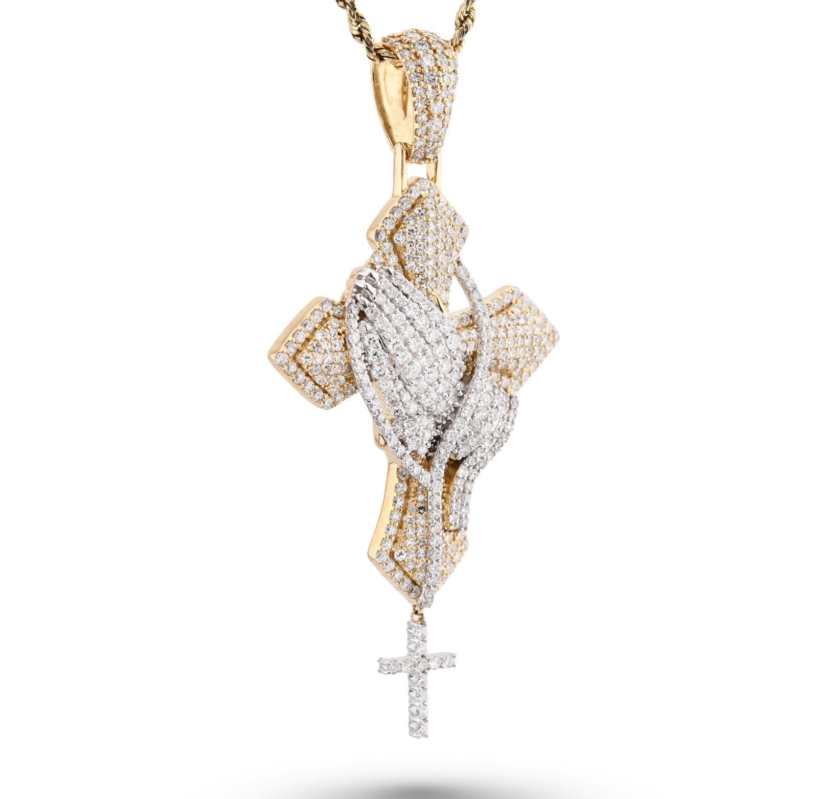 10k 2 - Tone Gold 21.7g 4.8CTW Lab Grown Diamond Praying Hand Cross Dangle Pendant - Elite Jewelers - Charms & Pendants