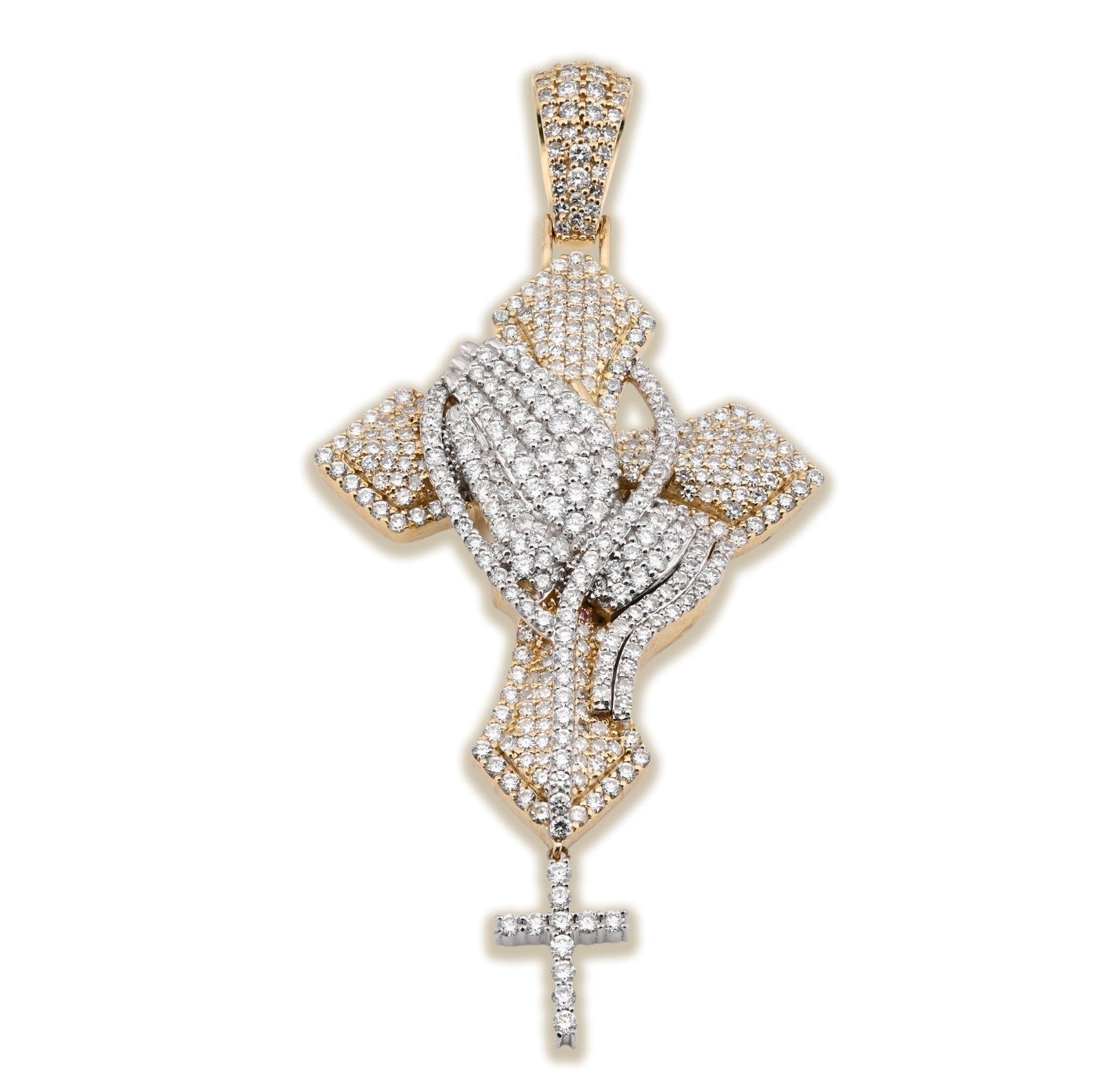 10k 2 - Tone Gold 21.7g 4.8CTW Lab Grown Diamond Praying Hand Cross Dangle Pendant - Elite Jewelers - Charms & Pendants