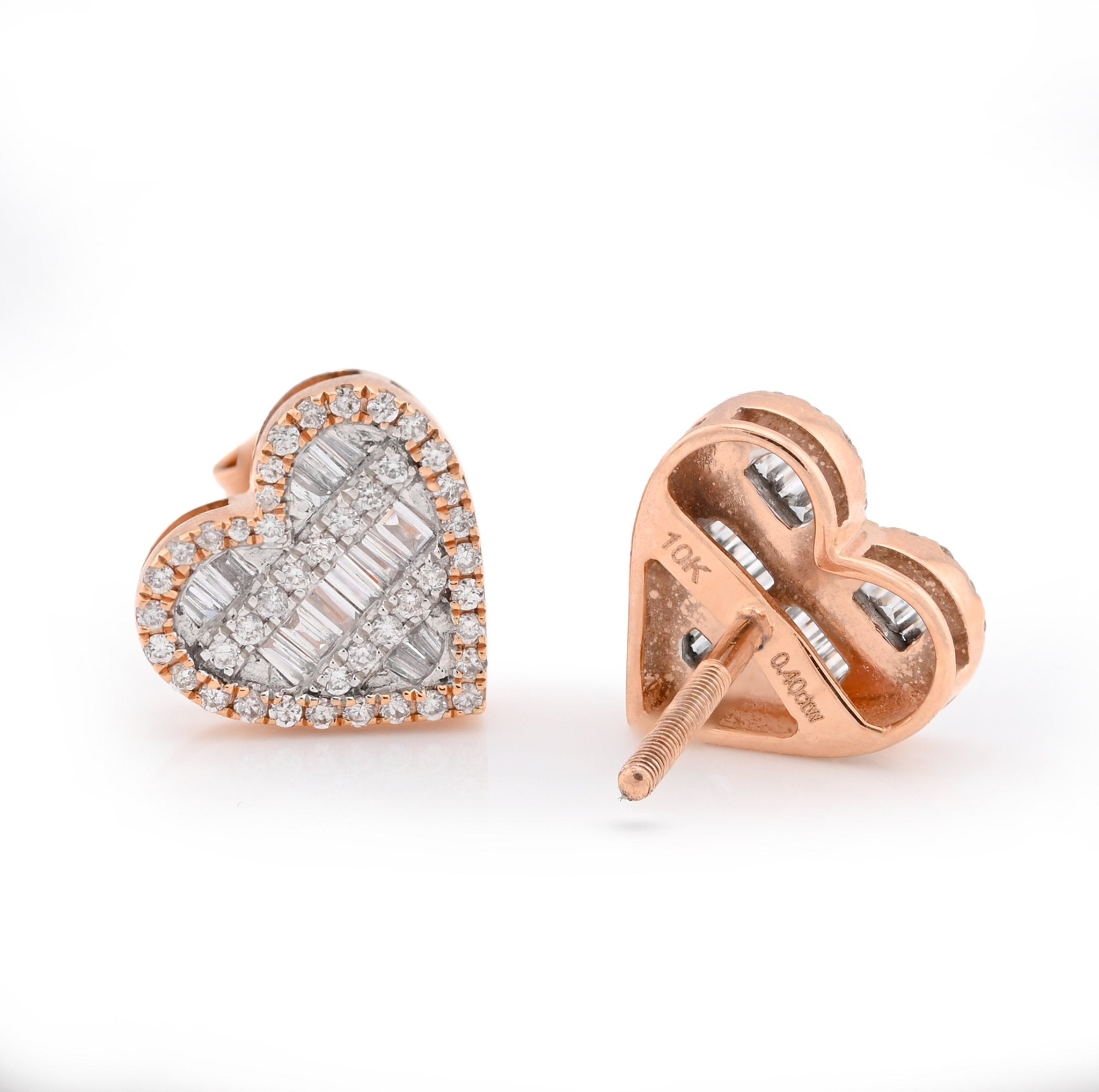 10K Rose Gold 0.40CT Natural Diamond Round/Baguette Heart Shape Women Earrings - Elite Jewelers - Earrings