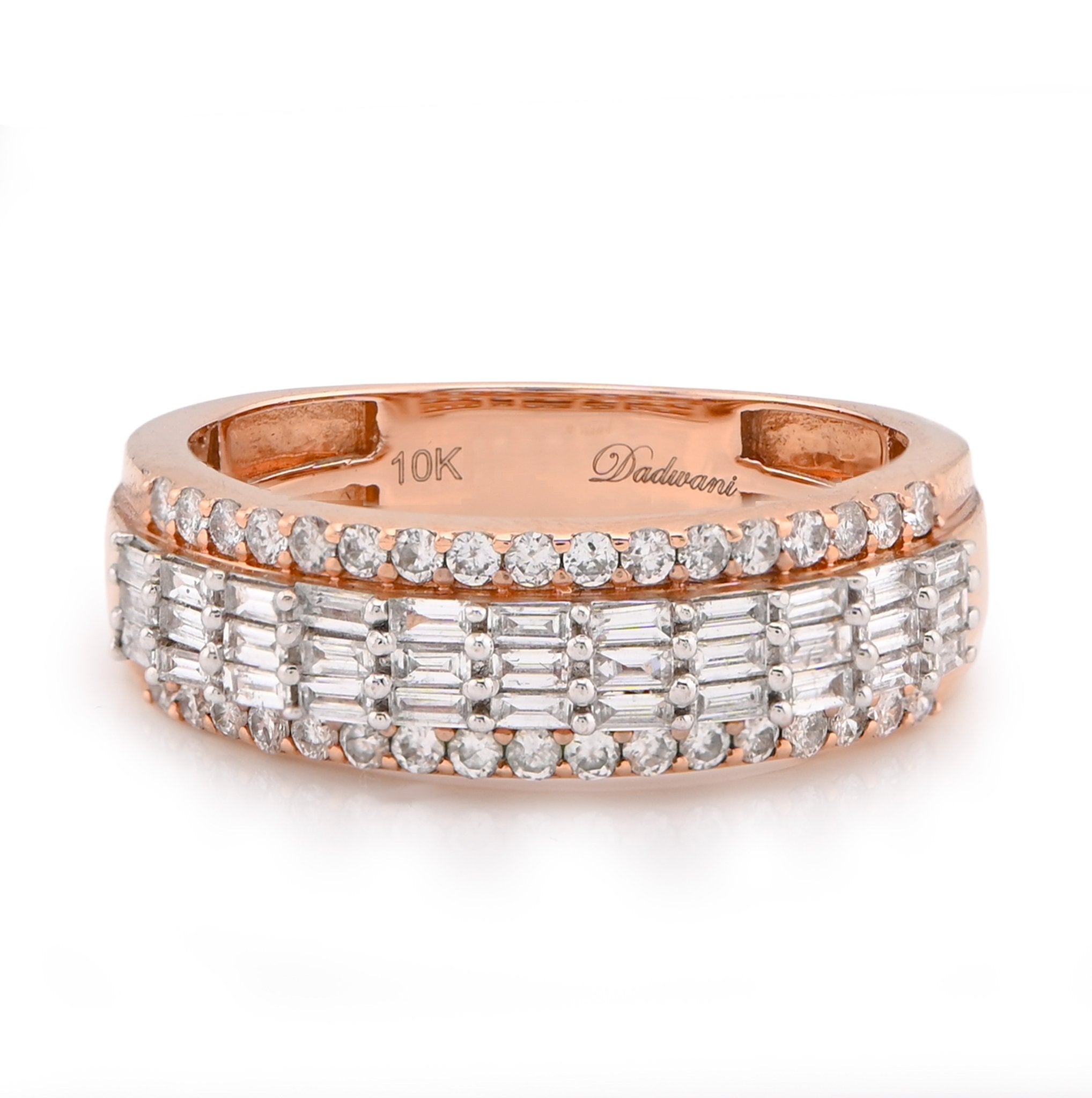 10K Rose Gold 0.90CT Round/Baguette Three Row Natural Diamond Men Ring - Elite Jewelers - Rings