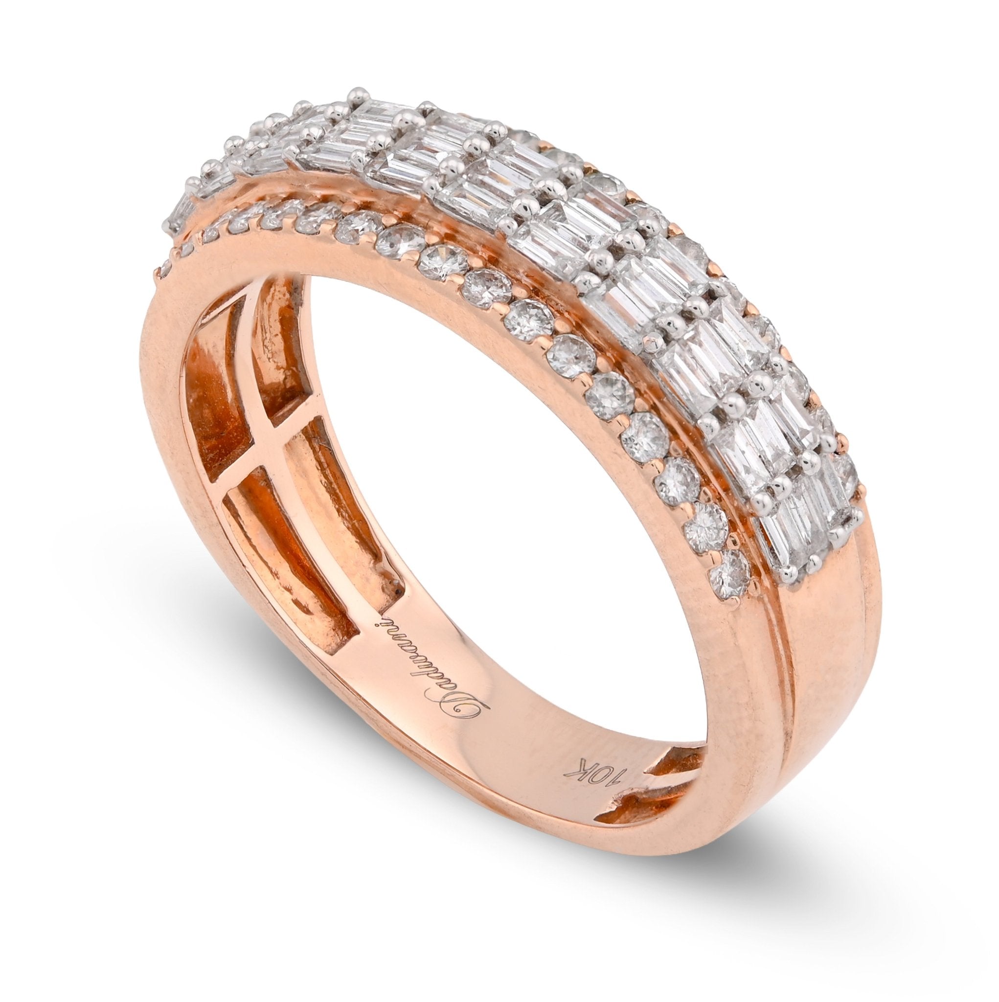 10K Rose Gold 0.90CT Round/Baguette Three Row Natural Diamond Men Ring - Elite Jewelers - Rings