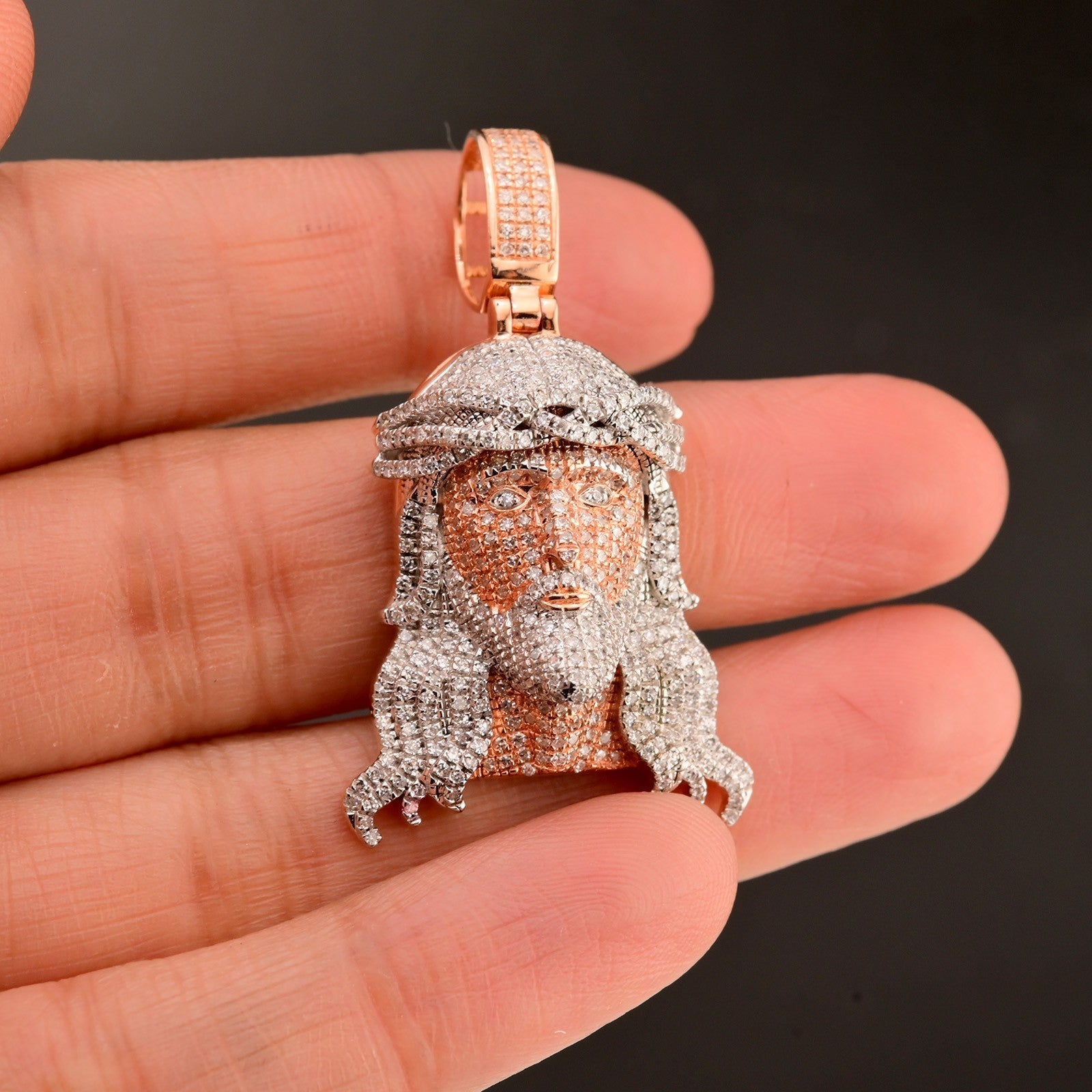 10k Rose Gold 1.2CTW Natural Round Diamond Jesus Head Pendant 7.3g Charm - Elite Jewelers - Charms & Pendants