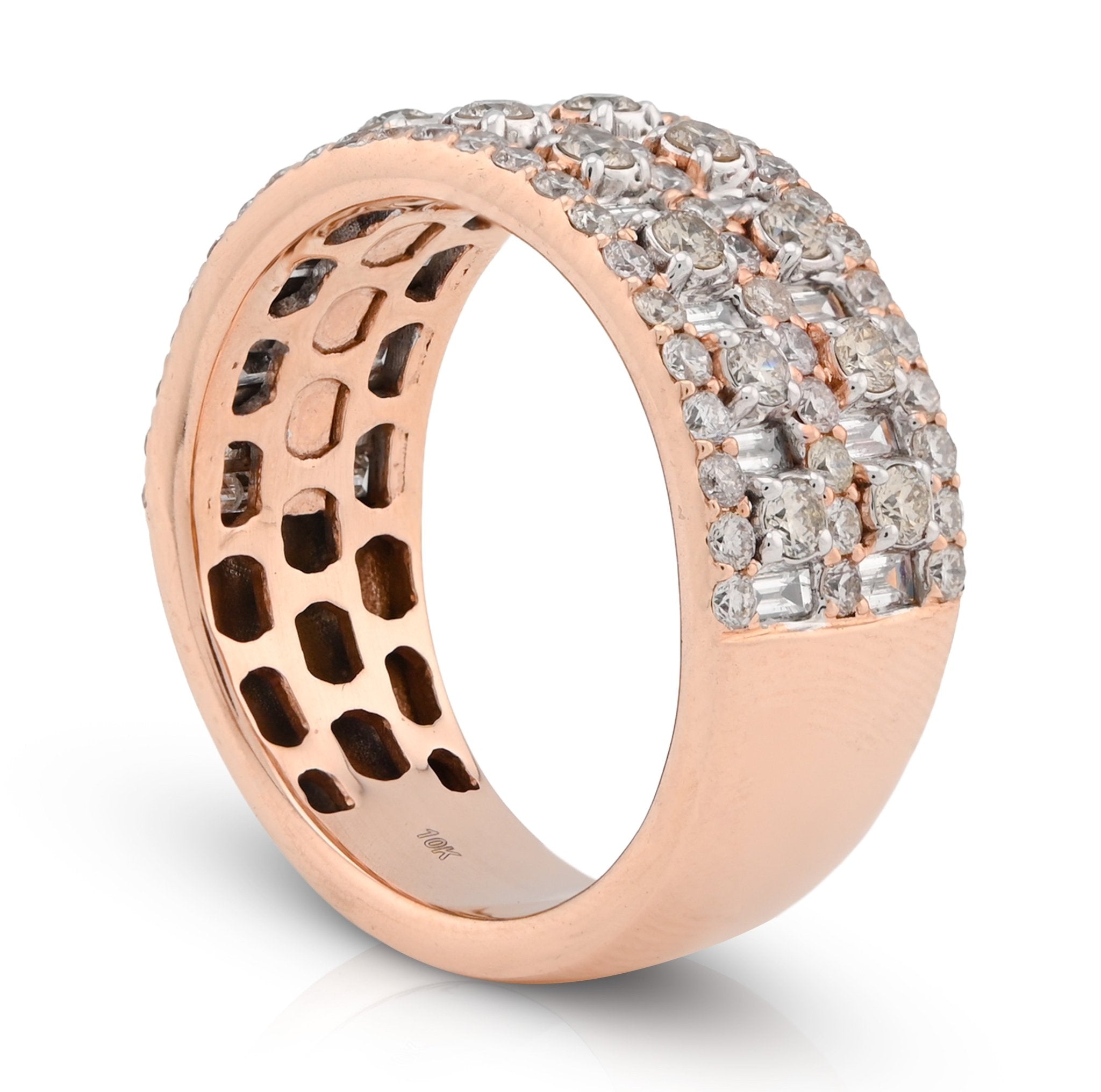 10K Rose Gold 2.35CT Baguette Round Pair Centre Dual Row Natural Diamond Men Ring Band - Elite Jewelers - Rings