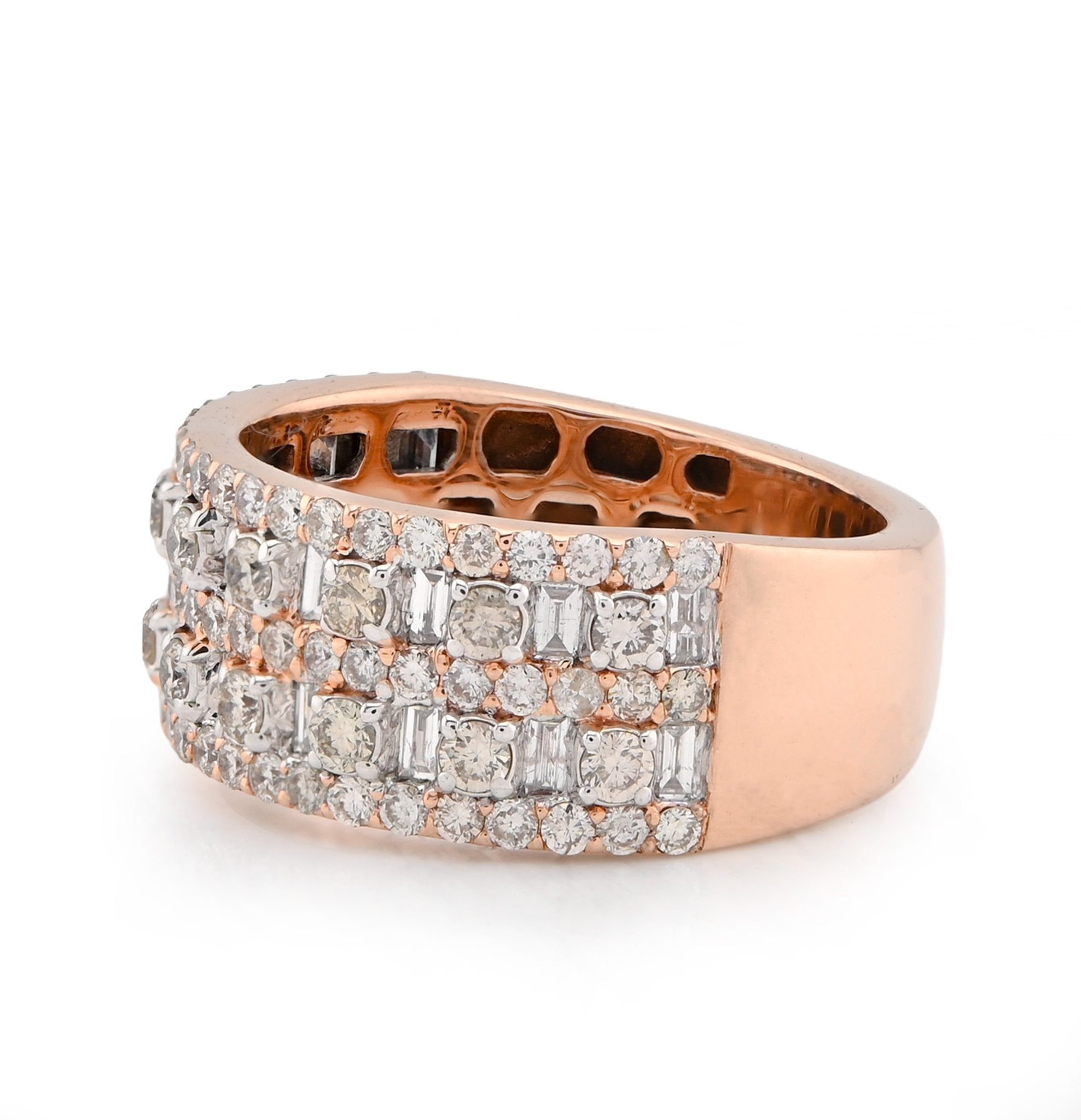 10K Rose Gold 2.35CT Baguette Round Pair Centre Dual Row Natural Diamond Men Ring Band - Elite Jewelers - Rings
