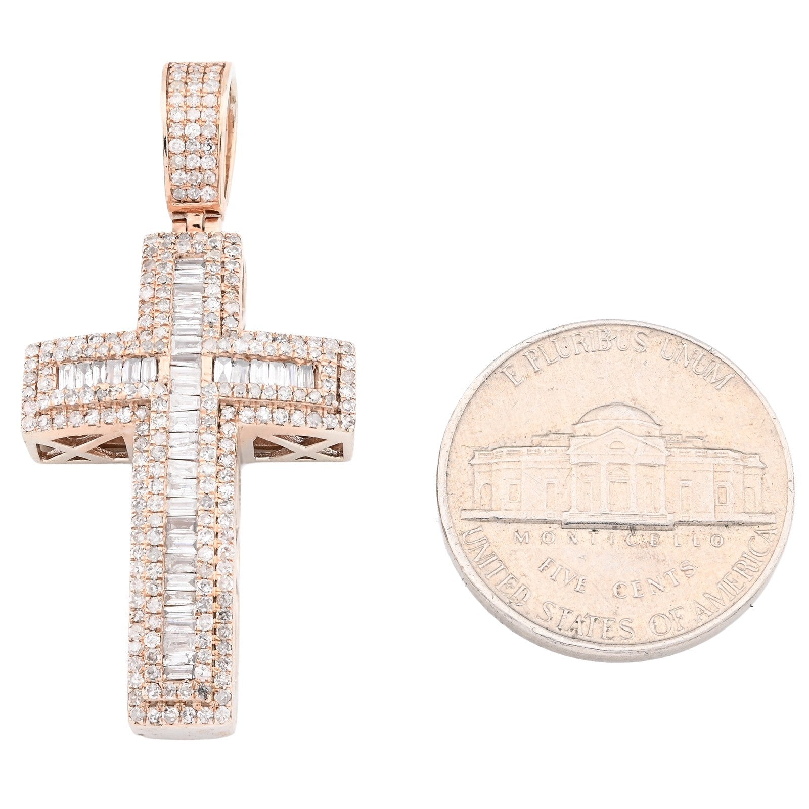 10k Rose Gold 2CTW Natural Round/Baguette Diamond ICED Cross Pendant 5.9g Charm - Elite Jewelers - Charms & Pendants