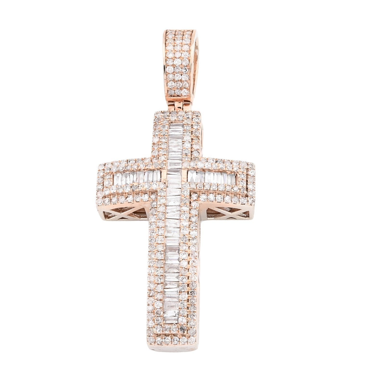 10k Rose Gold 2CTW Natural Round/Baguette Diamond ICED Cross Pendant 5.9g Charm - Elite Jewelers - Charms & Pendants