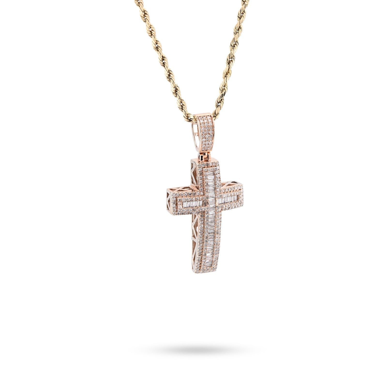 10k Rose Gold 2CTW Natural Round/Baguette Diamond ICED Cross Pendant 5.9g Charm - Elite Jewelers - Charms & Pendants