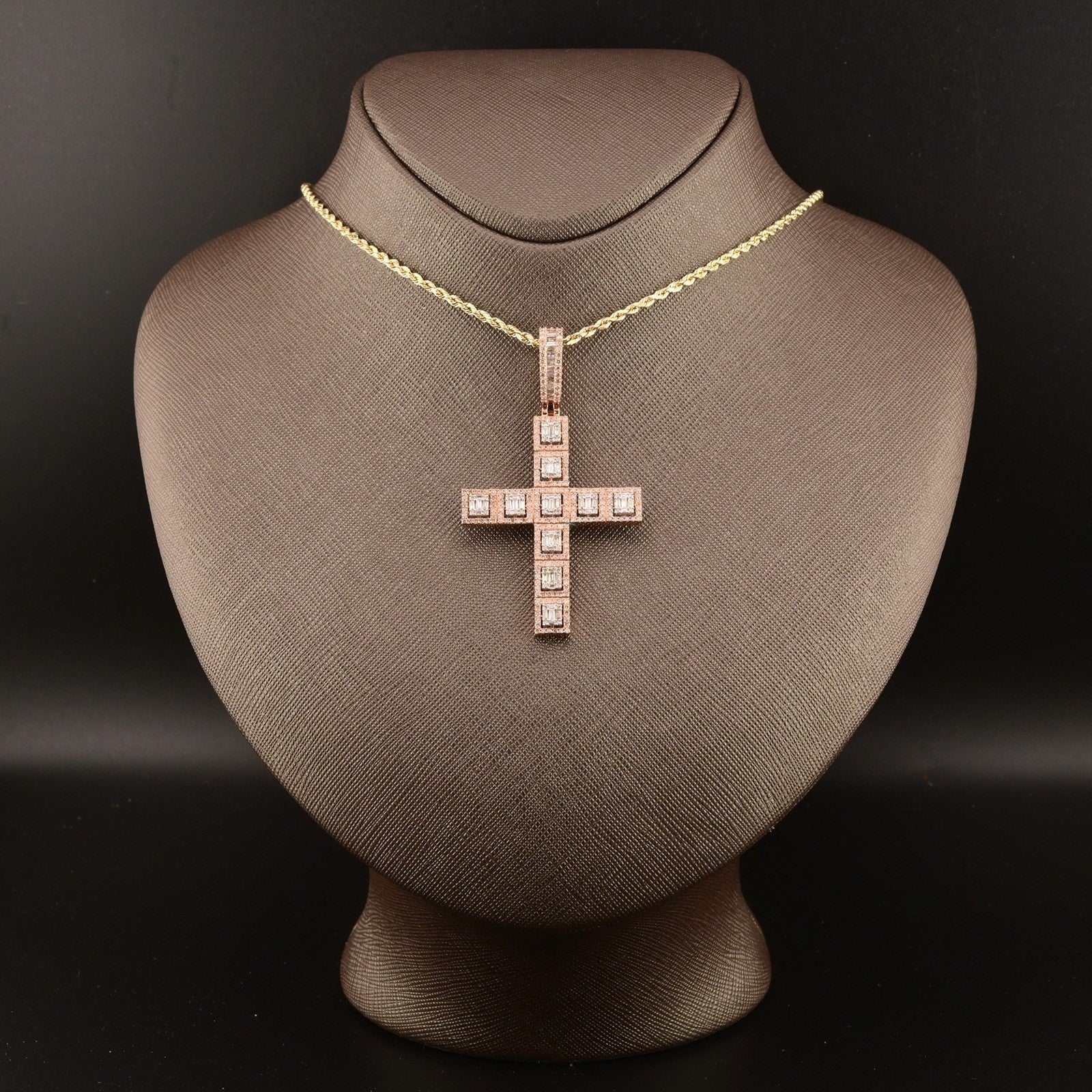 10k Rose Gold 4CTW Natural Round/Baguette Diamond Cross Charm Pendant 9.1gms - Elite Jewelers - Charms & Pendants