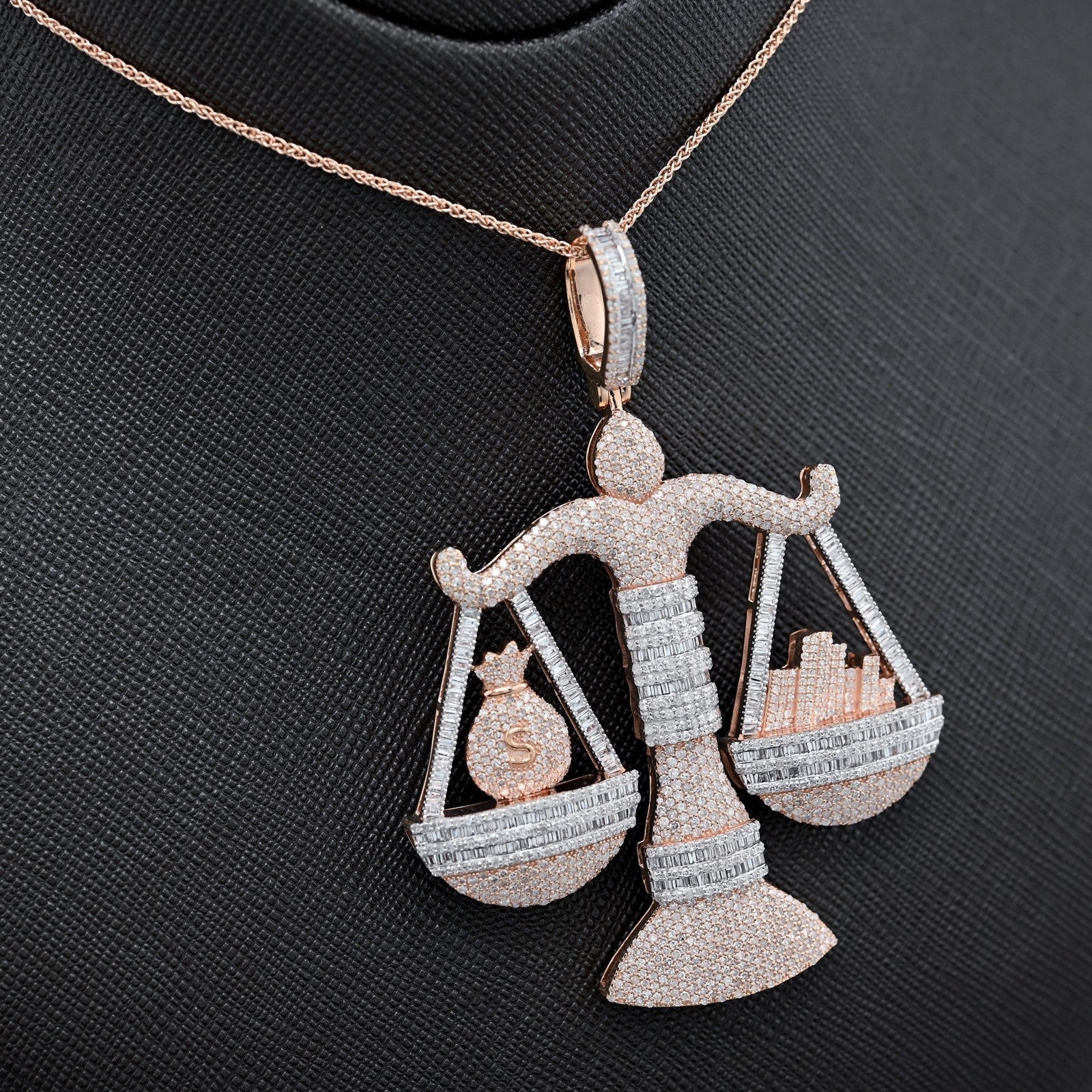 10k Rose Gold 5.17CTW Round/Baguette Diamond Libra Scale Justice Pendant 26.5gms - Elite Jewelers - Charms & Pendants