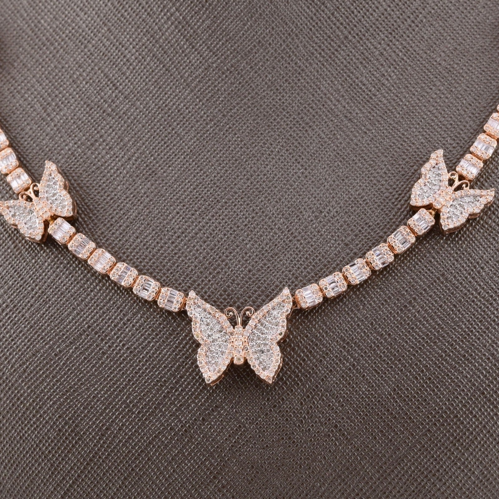 10k Rose Gold 5.48CT Baguette Diamond Butterfly Tennis Chain 25.4g 18In Necklace - Elite Jewelers - Necklaces & Chains