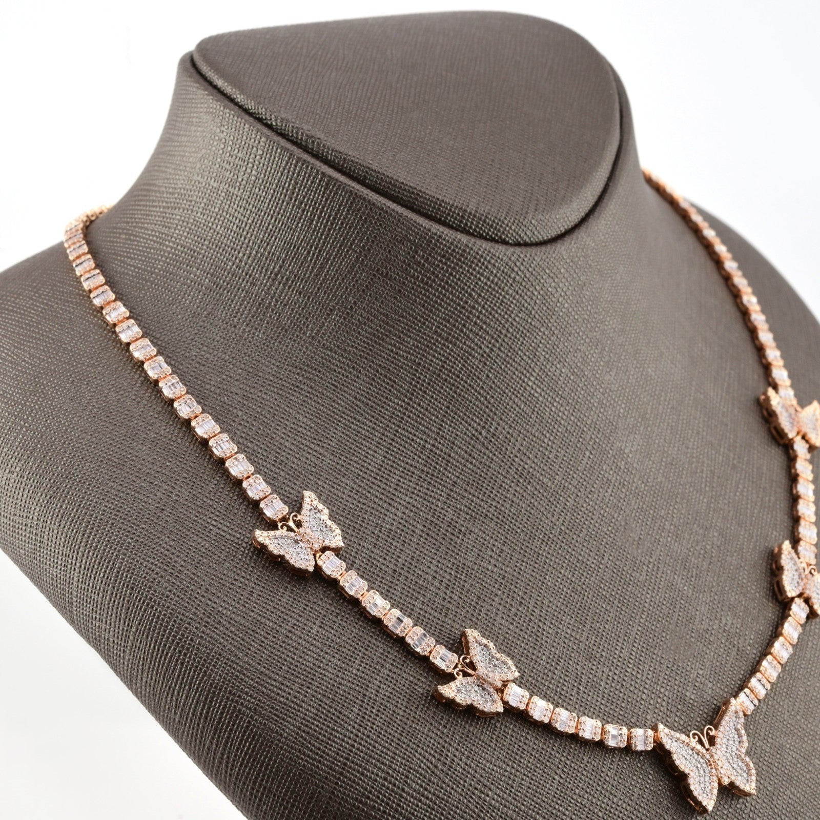10k Rose Gold 5.48CT Baguette Diamond Butterfly Tennis Chain 25.4g 18In Necklace - Elite Jewelers - Necklaces & Chains
