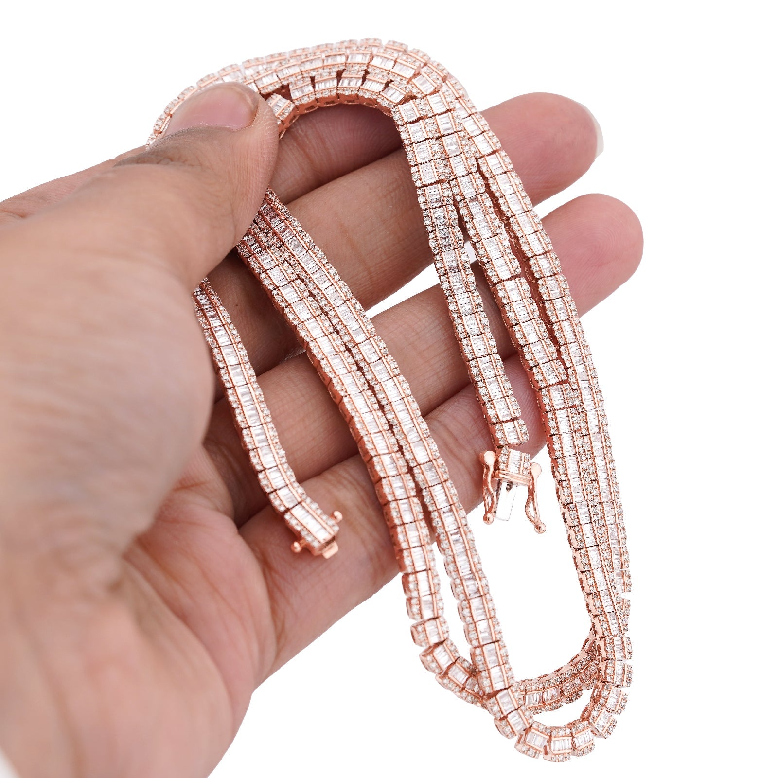 10K Rose Gold 6.01CT Natural Diamond Natural Diamond Baguette Centre Row 4MM Tennis Chain 22" Men Women Necklace - Elite Jewelers-Necklaces