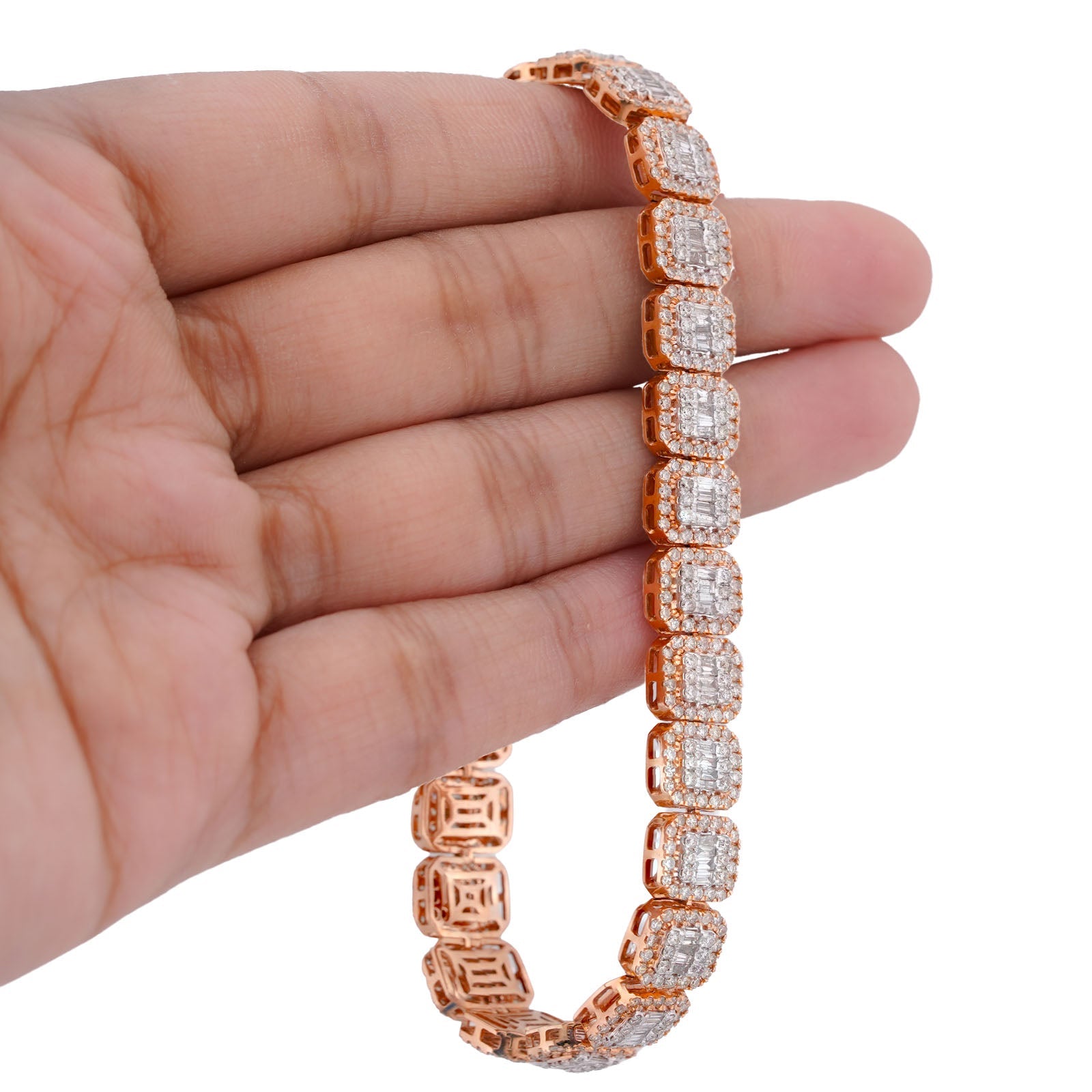 10K Rose Gold 7.57CT Natural Hexagon Link Baguette/Round Diamond 8.5MM Men Bracelet 8" - Elite Jewelers-Bracelets