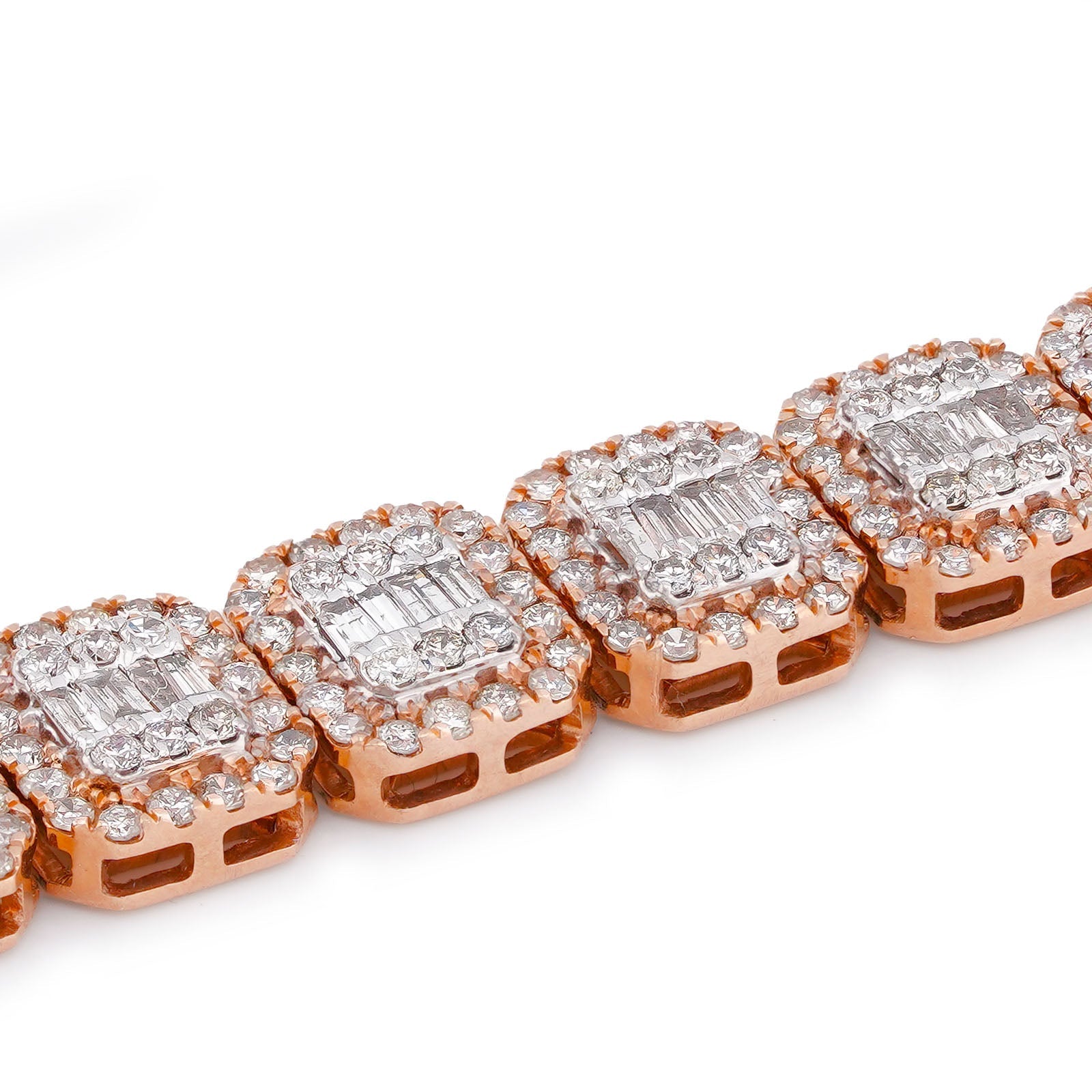 10K Rose Gold 7.57CT Natural Hexagon Link Baguette/Round Diamond 8.5MM Men Bracelet 8" - Elite Jewelers-Bracelets
