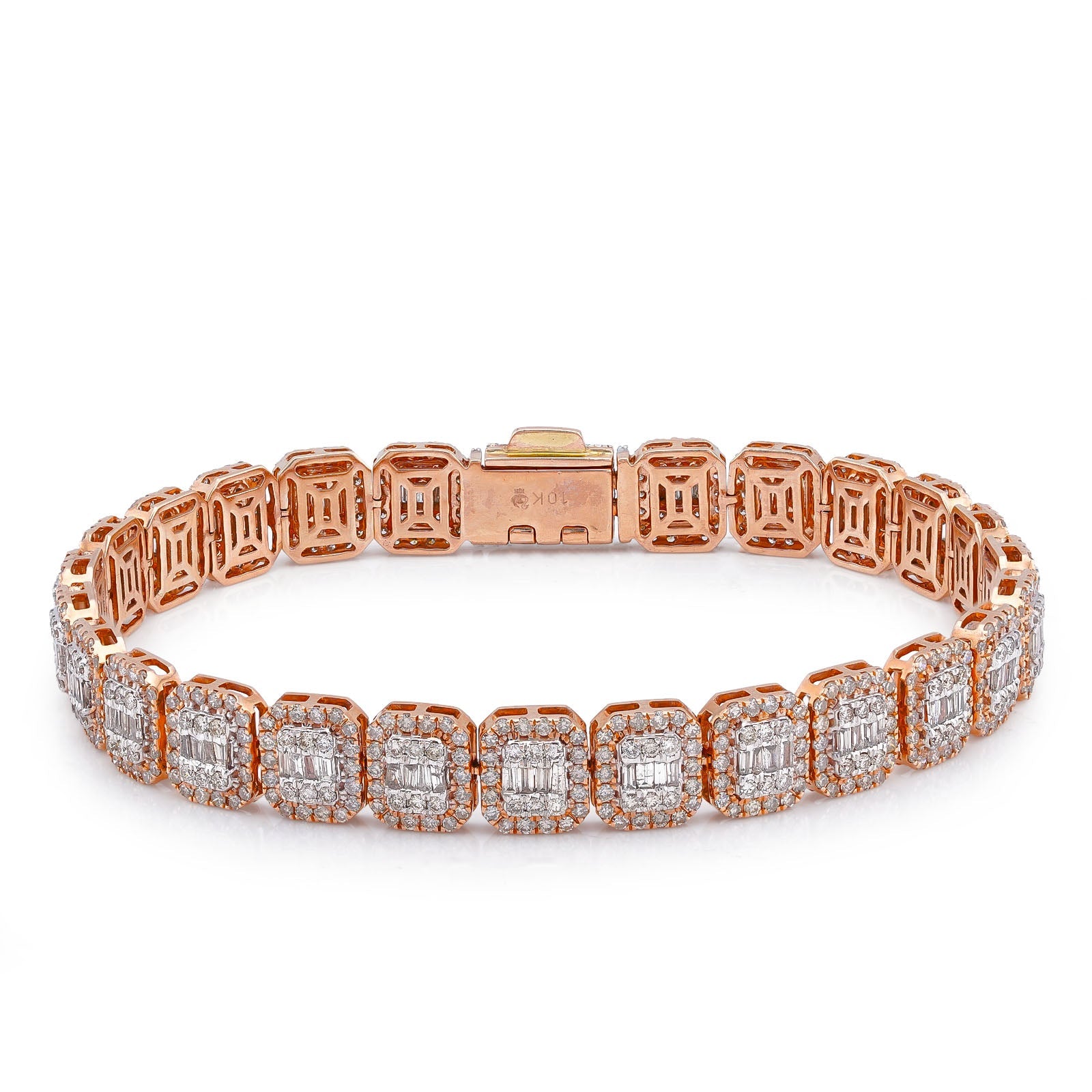 10K Rose Gold 7.57CT Natural Hexagon Link Baguette/Round Diamond 8.5MM Men Bracelet 8" - Elite Jewelers-Bracelets