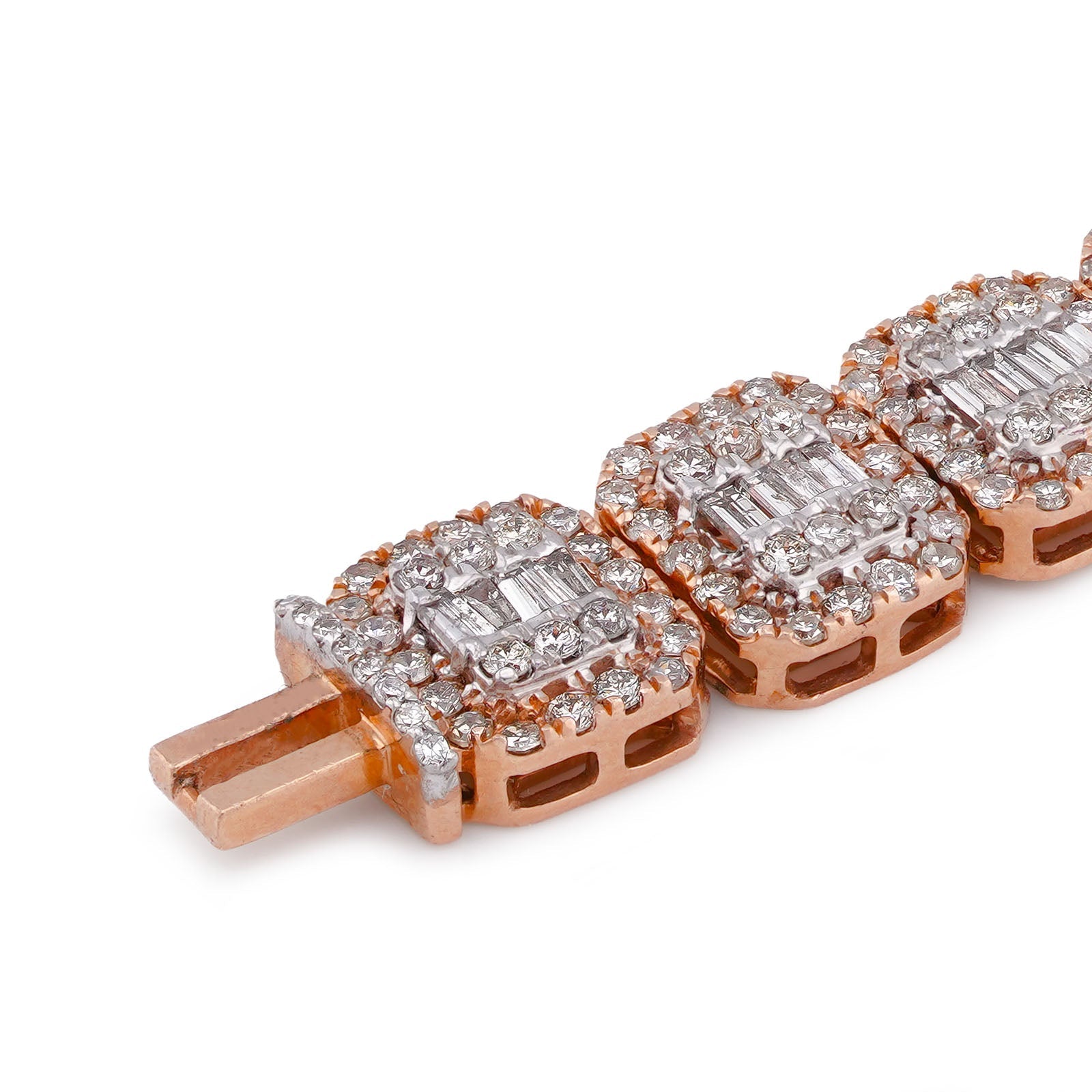 10K Rose Gold 7.57CT Natural Hexagon Link Baguette/Round Diamond 8.5MM Men Bracelet 8" - Elite Jewelers-Bracelets