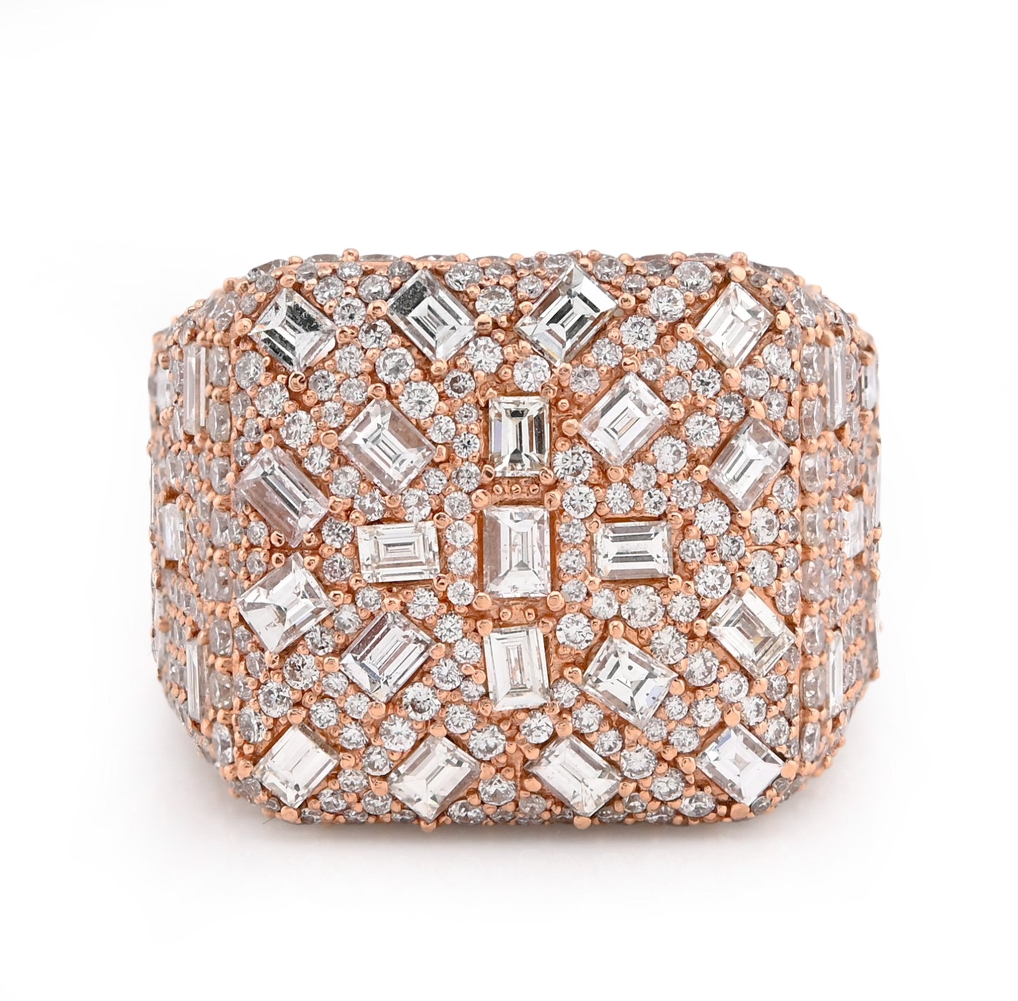 10K Rose Gold 7.85CT Round/Emerald Natural Diamond Square Side Iced Men Pinky Ring - Elite Jewelers - Rings