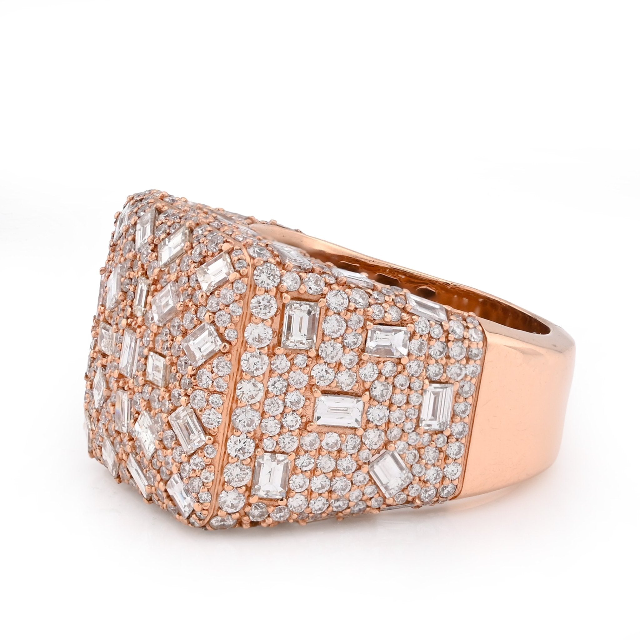 10K Rose Gold 7.85CT Round/Emerald Natural Diamond Square Side Iced Men Pinky Ring - Elite Jewelers - Rings