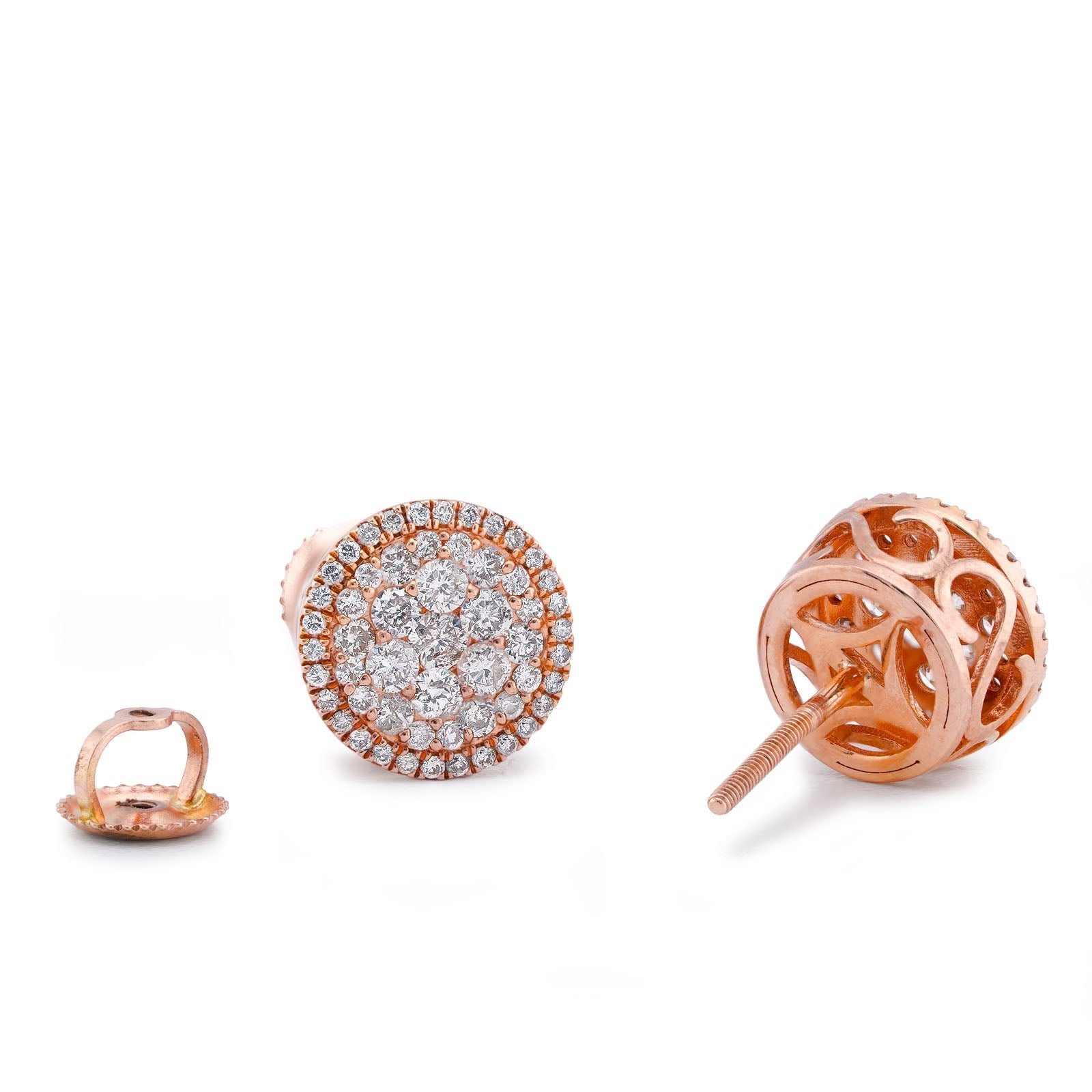 10K Rose Gold Halo Flower Cluster 0.95CT Natural Diamond Men Women Earrings - Elite Jewelers-Earrings