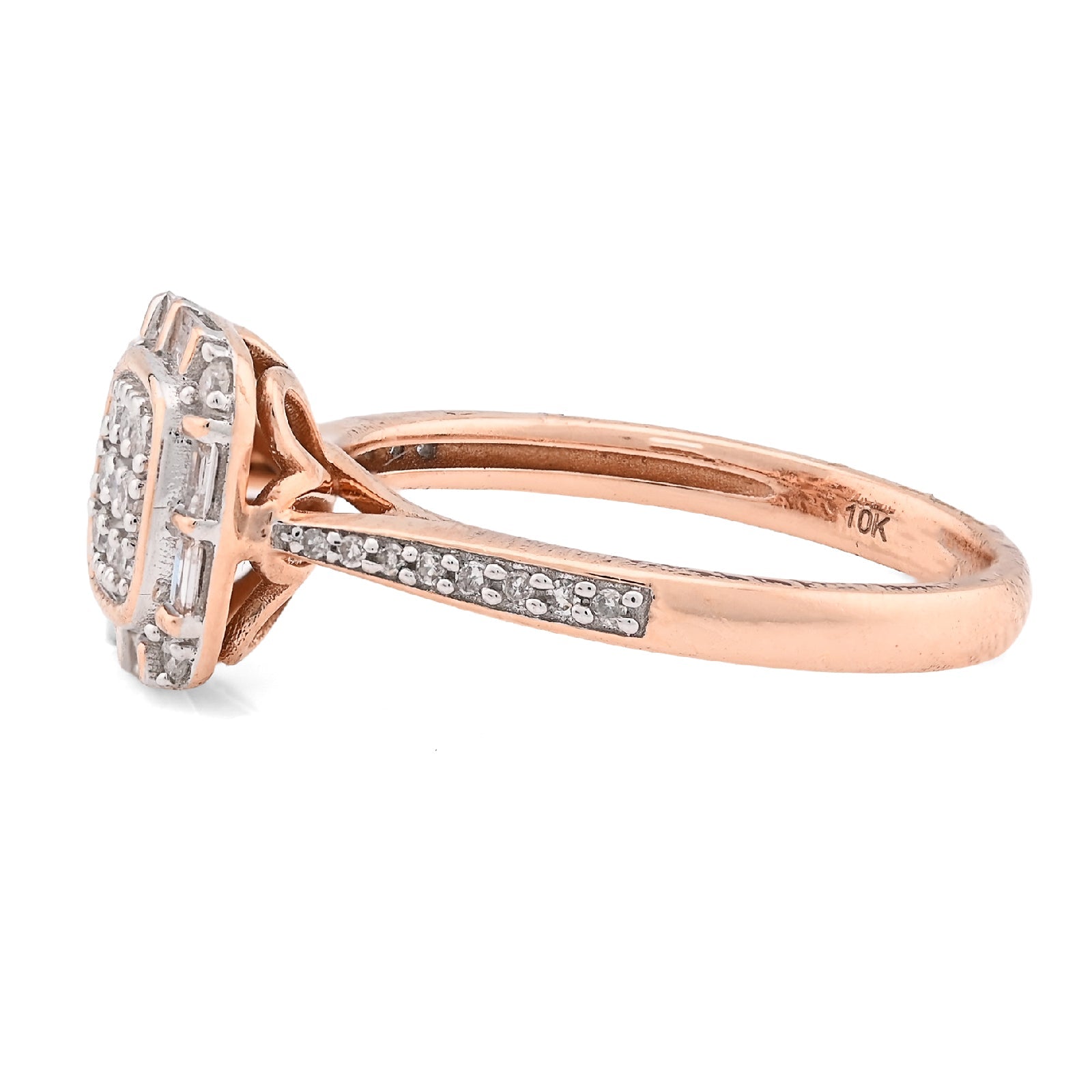 10K Rose Gold Women Square Natural Diamond 0.33CT Round/Baguette Ring - Elite Jewelers - Rings