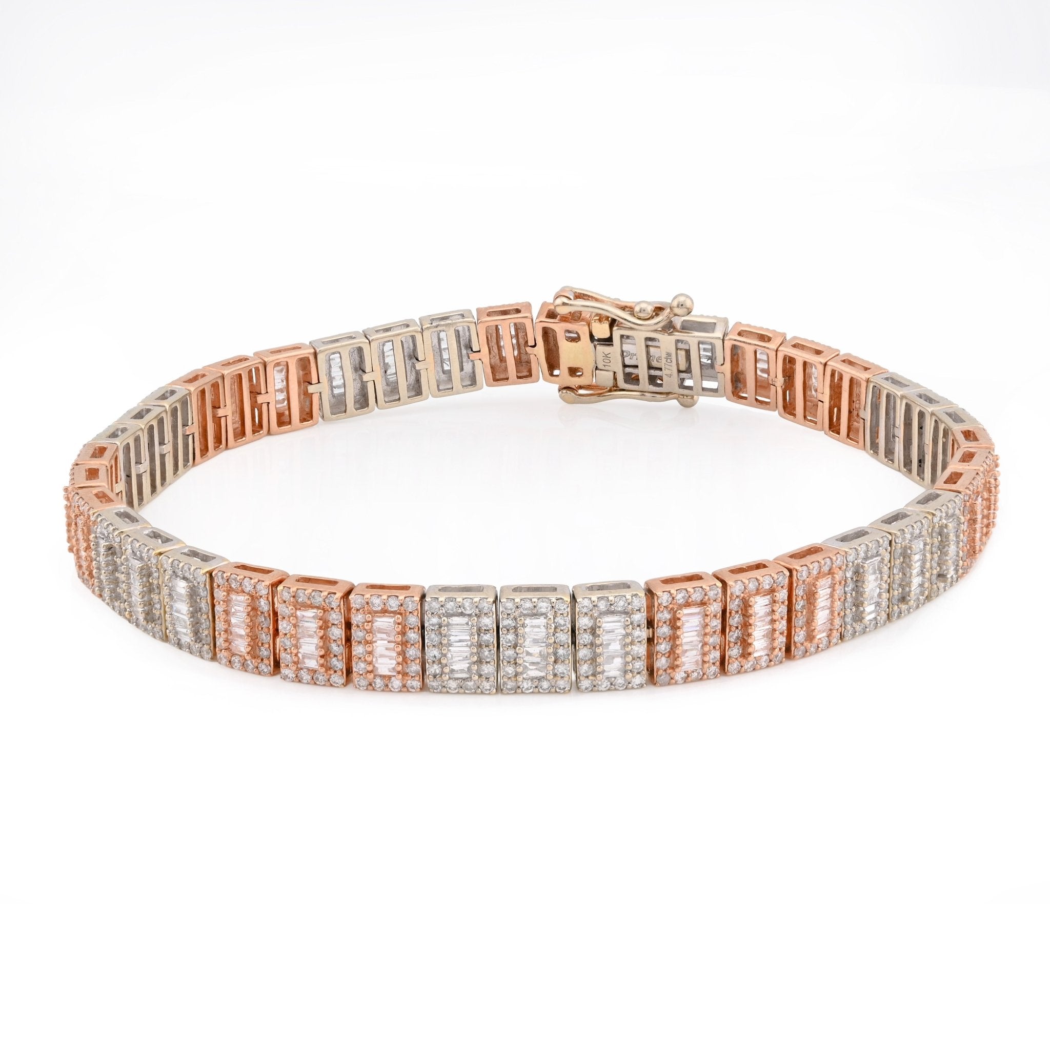 10K Rose/White Gold 2 Tone 4.77CT Natural Baguette/Round Diamond 7MM 8" Tennis Bracelet 23.7g - Elite Jewelers - Bracelets