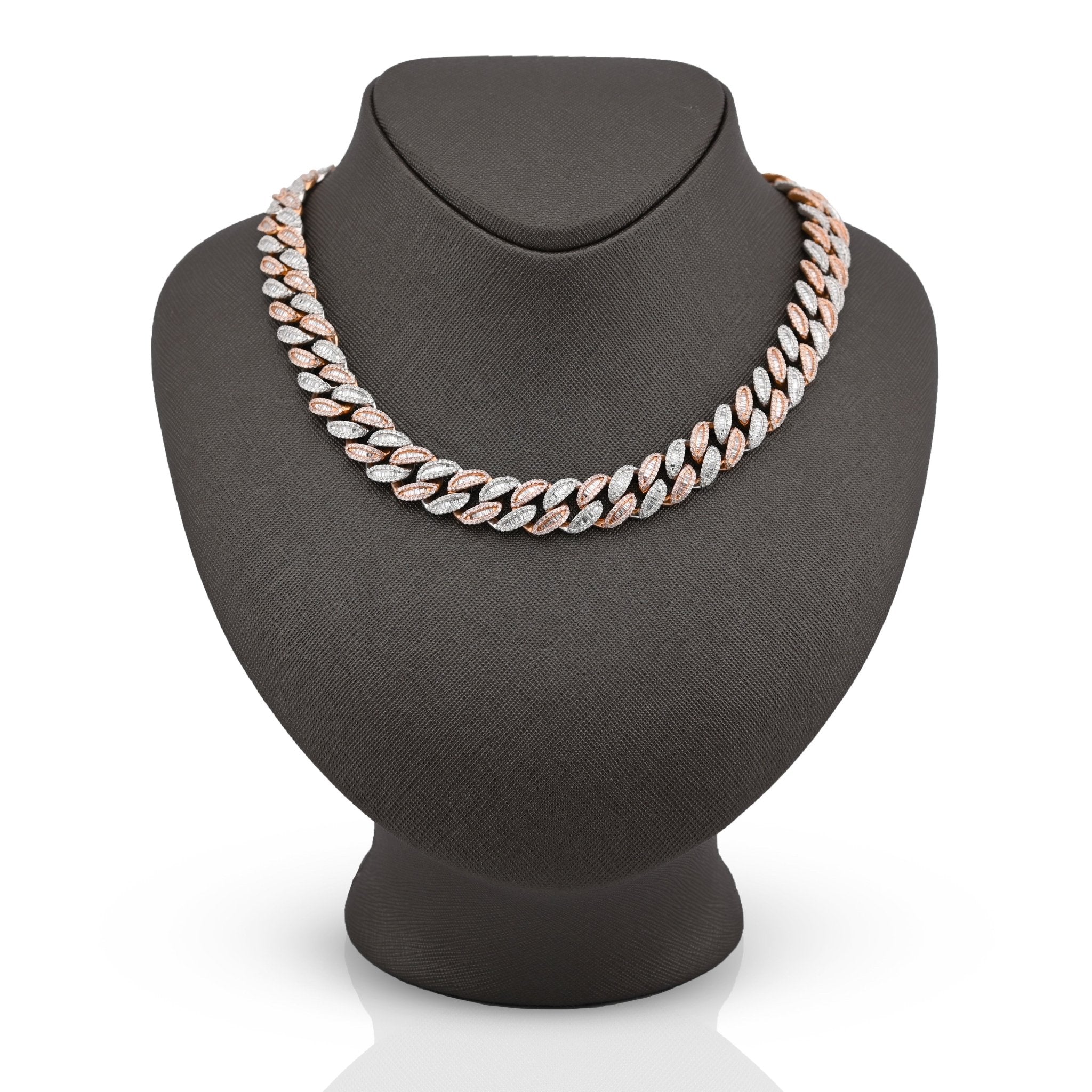 10K Rose/White Gold 21.48CT Natural Round/Baguette Diamond 22" Cuban Link Chain 12MM Necklace - Elite Jewelers - Necklaces