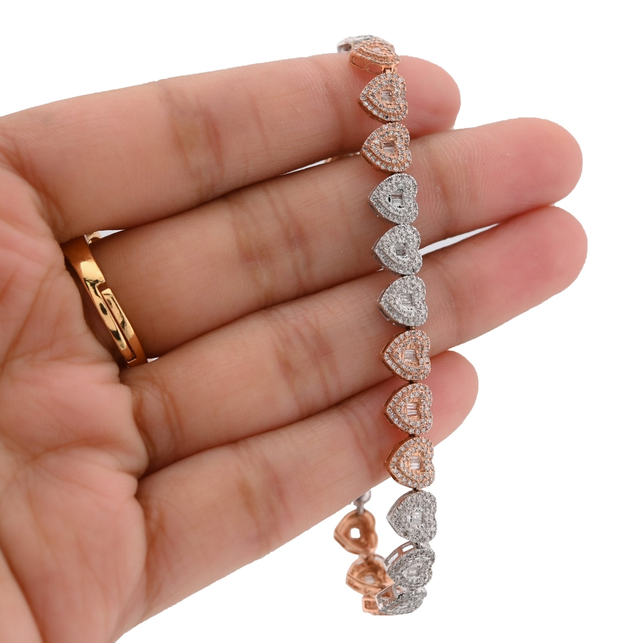 10K Rose/White Gold 2.30CT Round/Baguette Natural Diamond Heart Shape Tennis Women Bracelet 7" - Elite Jewelers - Bracelets