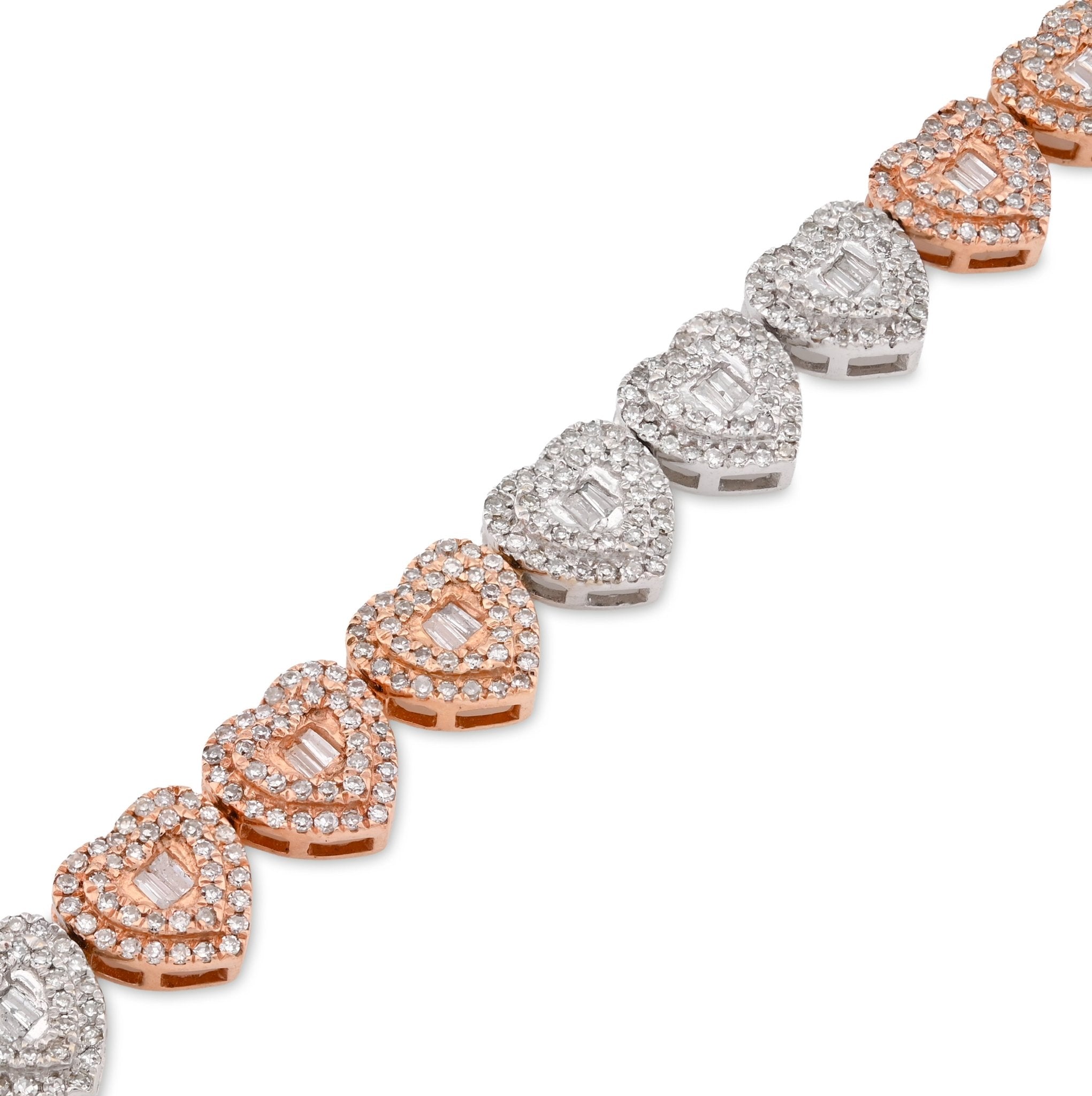 10K Rose/White Gold 2.30CT Round/Baguette Natural Diamond Heart Shape Tennis Women Bracelet 7" - Elite Jewelers - Bracelets