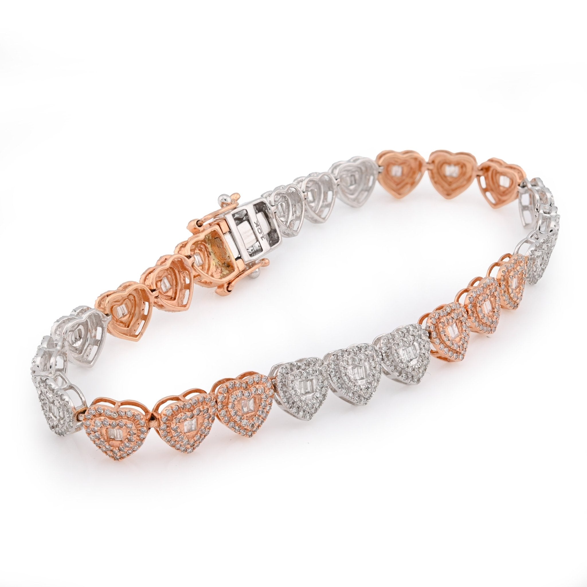 10K Rose/White Gold 2.30CT Round/Baguette Natural Diamond Heart Shape Tennis Women Bracelet 7" - Elite Jewelers - Bracelets