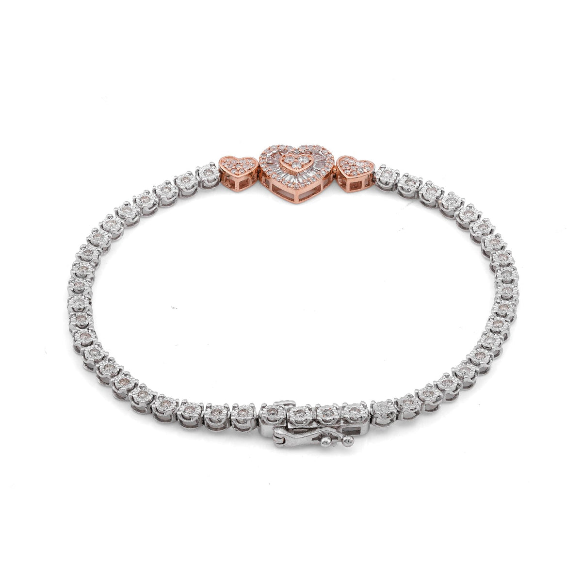 10K Rose/White Gold 3 Heart Natural Diamond baguette 1.05CT Women Tennis Bracelet - Elite Jewelers-Bracelets