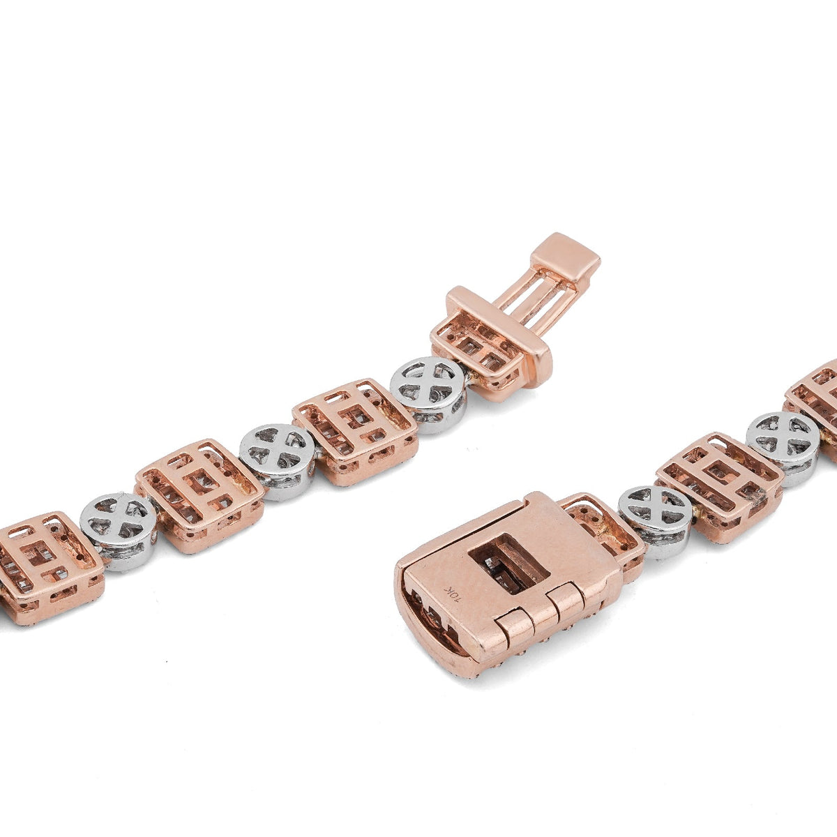 10K Rose/White Gold Square Round Link Natural Round/Baguette Diamond Men Women Tennis Chain - Elite Jewelers-Necklaces