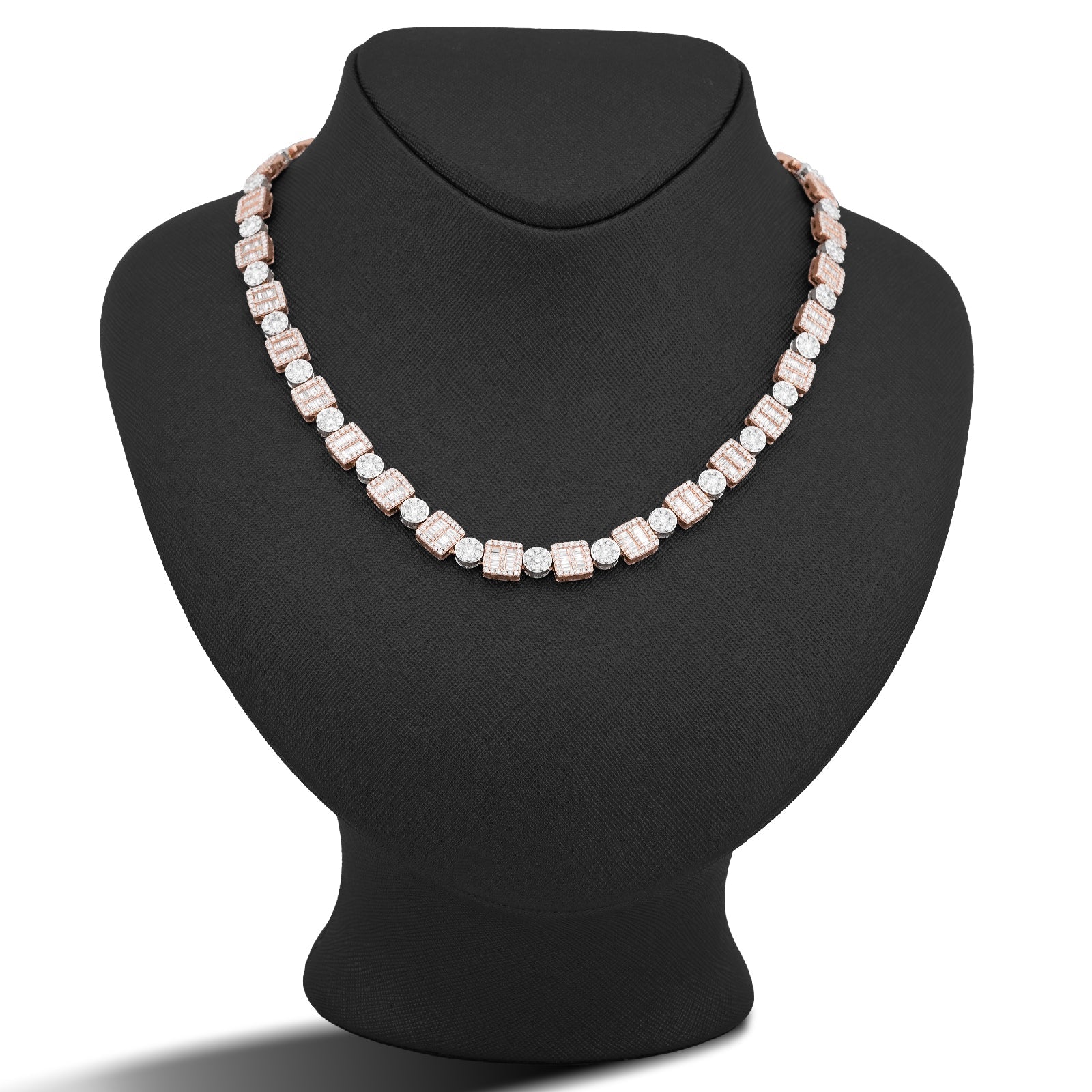 10K Rose/White Gold Square Round Link Natural Round/Baguette Diamond Men Women Tennis Chain - Elite Jewelers-Necklaces