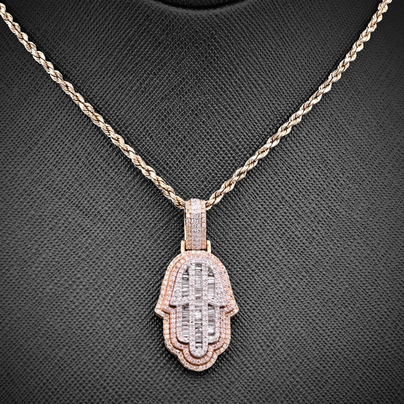 10k Tri - Color Gold 7.2gm 1.05 CTW Real Round/Baguette Diamond Hamsa Hand Pendant - Elite Jewelers - Charms & Pendants