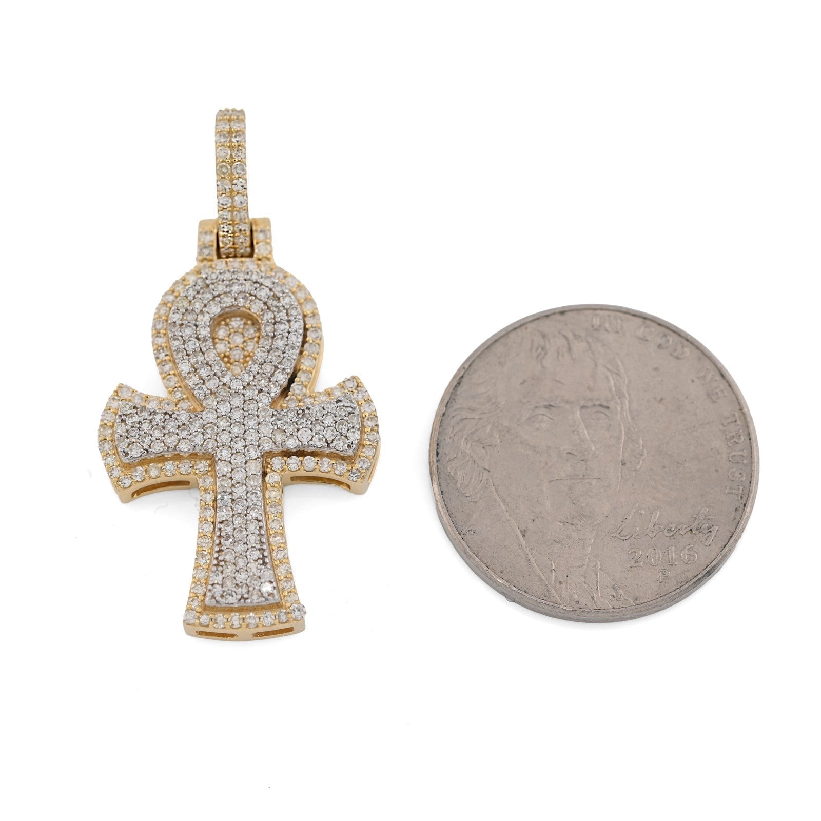 10k Two Tone Gold 0.88CTW Natural Diamond Egyptian Ankh Cross Pendant 5.1g Charm - Elite Jewelers - Charms & Pendants