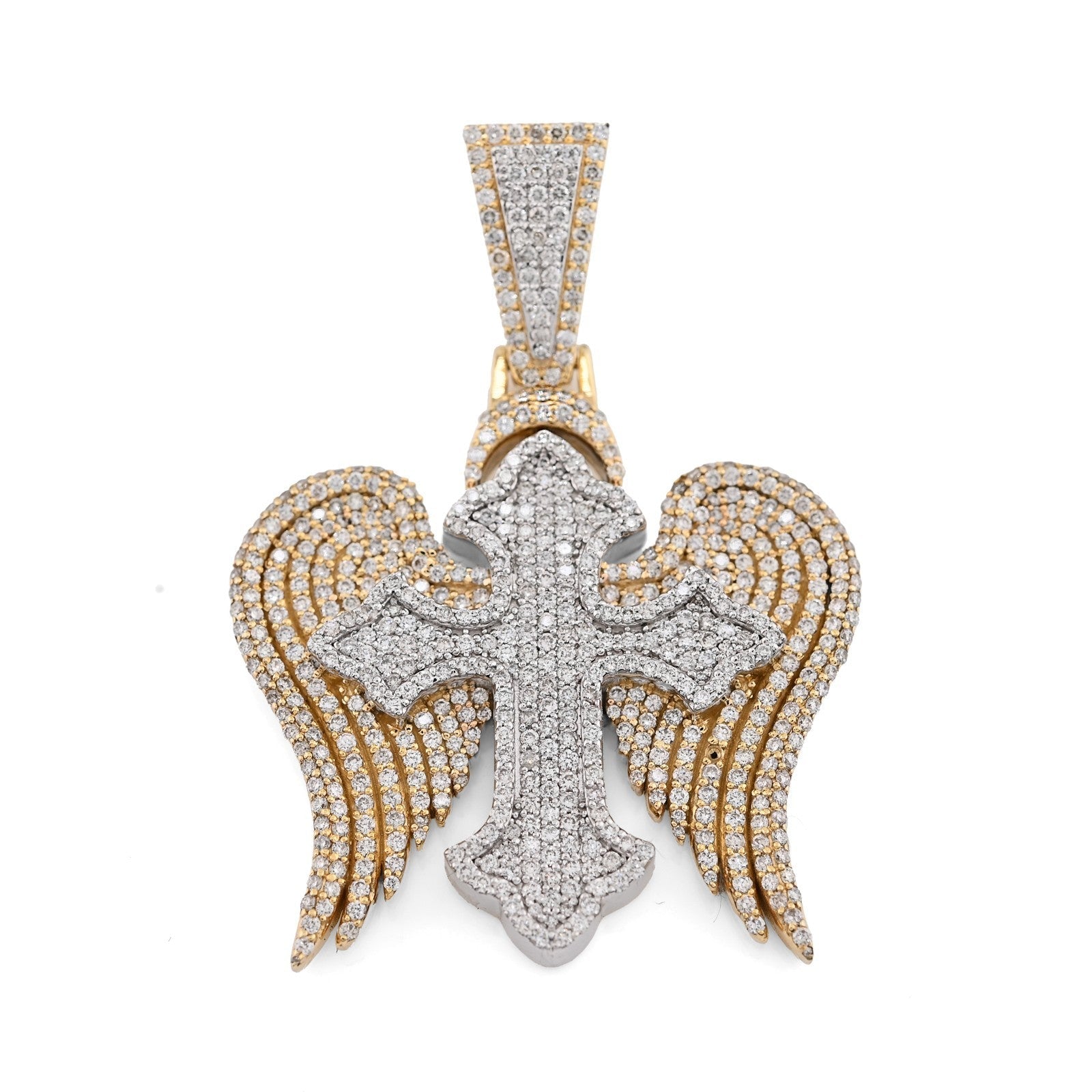 10k Two Tone Gold 4.3CTW Natural Diamond 3D Angel Wings Cross Pendant 21g Charm - Elite Jewelers - Charms & Pendants