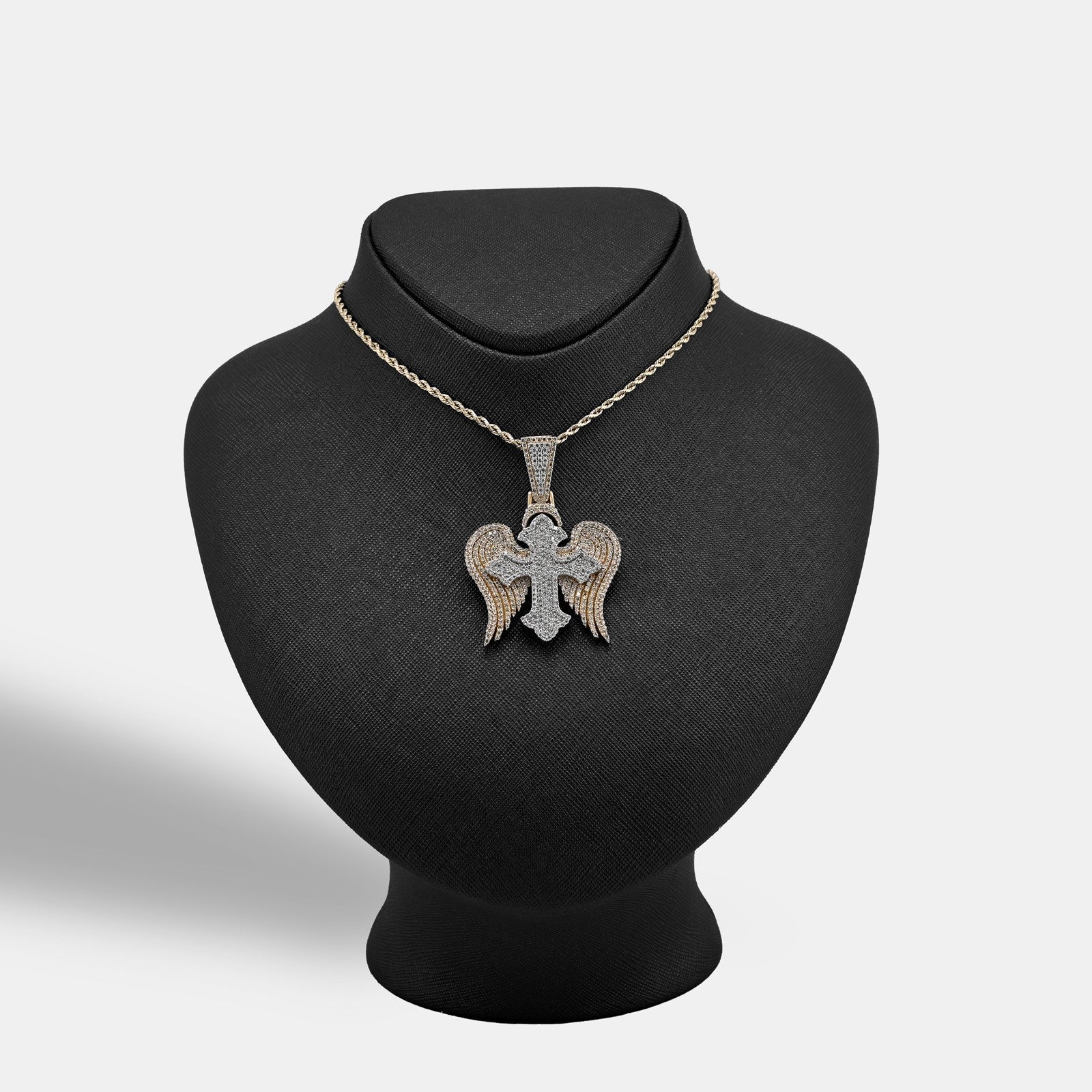 10k Two Tone Gold 4.3CTW Natural Diamond 3D Angel Wings Cross Pendant 21g Charm - Elite Jewelers - Charms & Pendants