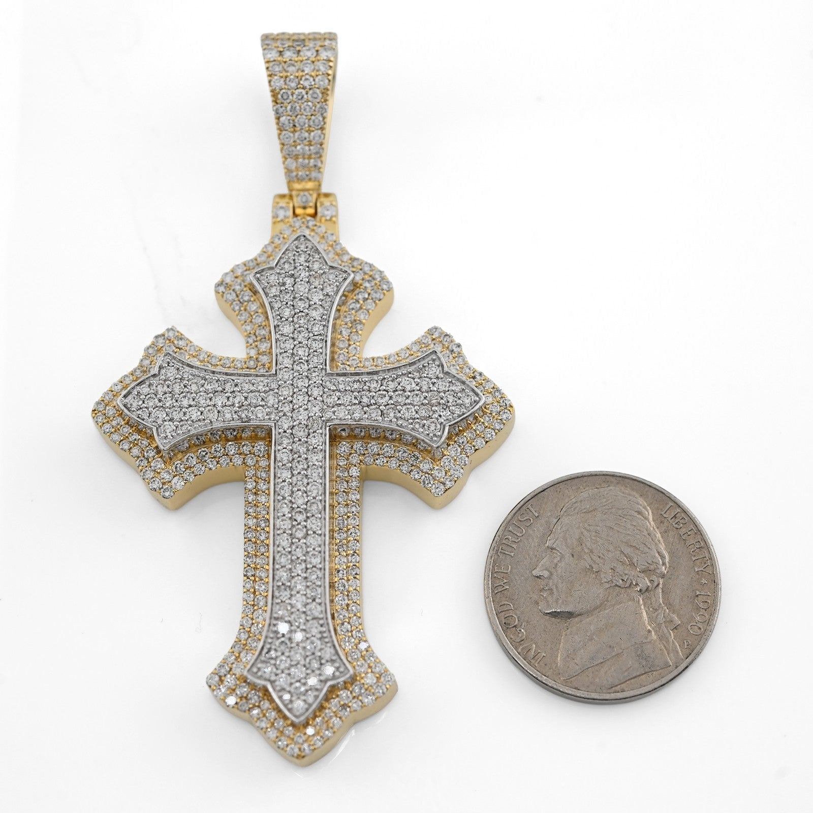 10k Two Tone Gold 5CTW Natural Diamond 3D Cross Pendant 21.9g Religious Charm - Elite Jewelers - Charms & Pendants