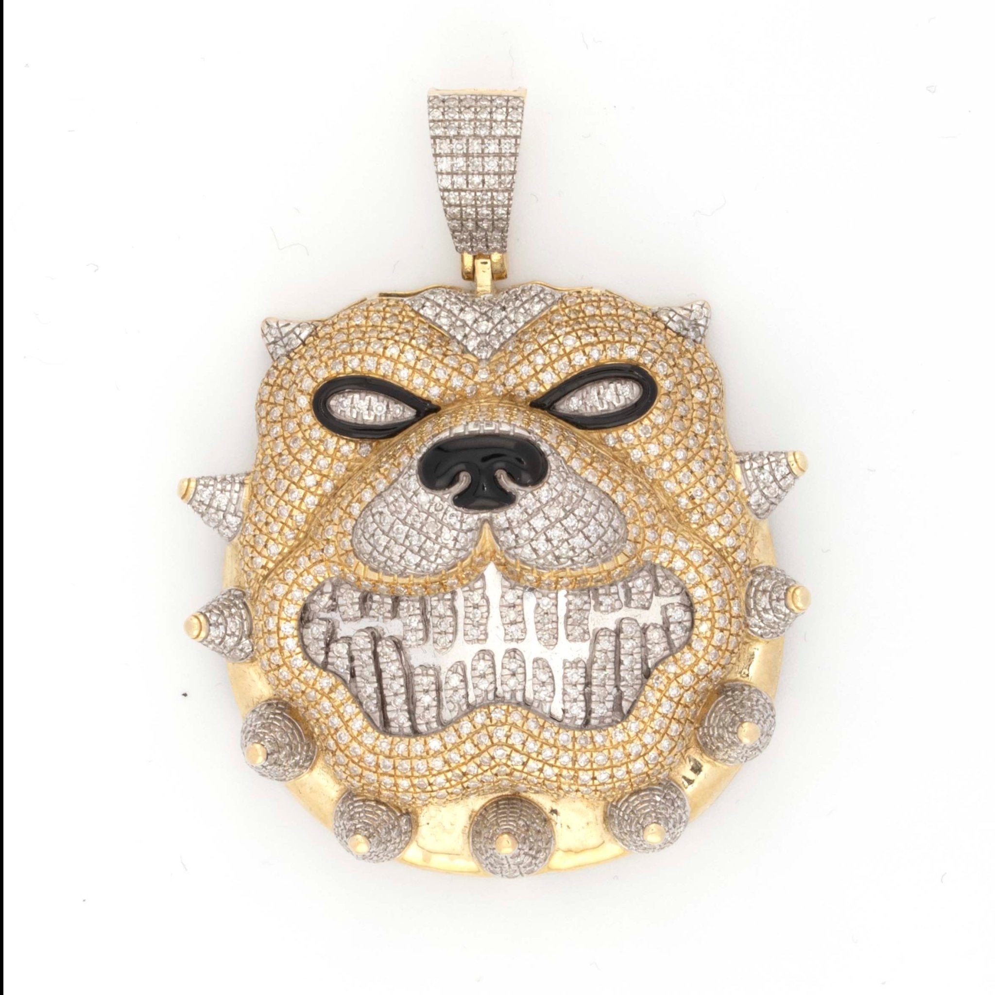 10K Two Tone Yellow White Spiky Bull Dog with Black Enamel 2.10CT Diamond Pendant 2" - Elite Jewelers - Charms & Pendants