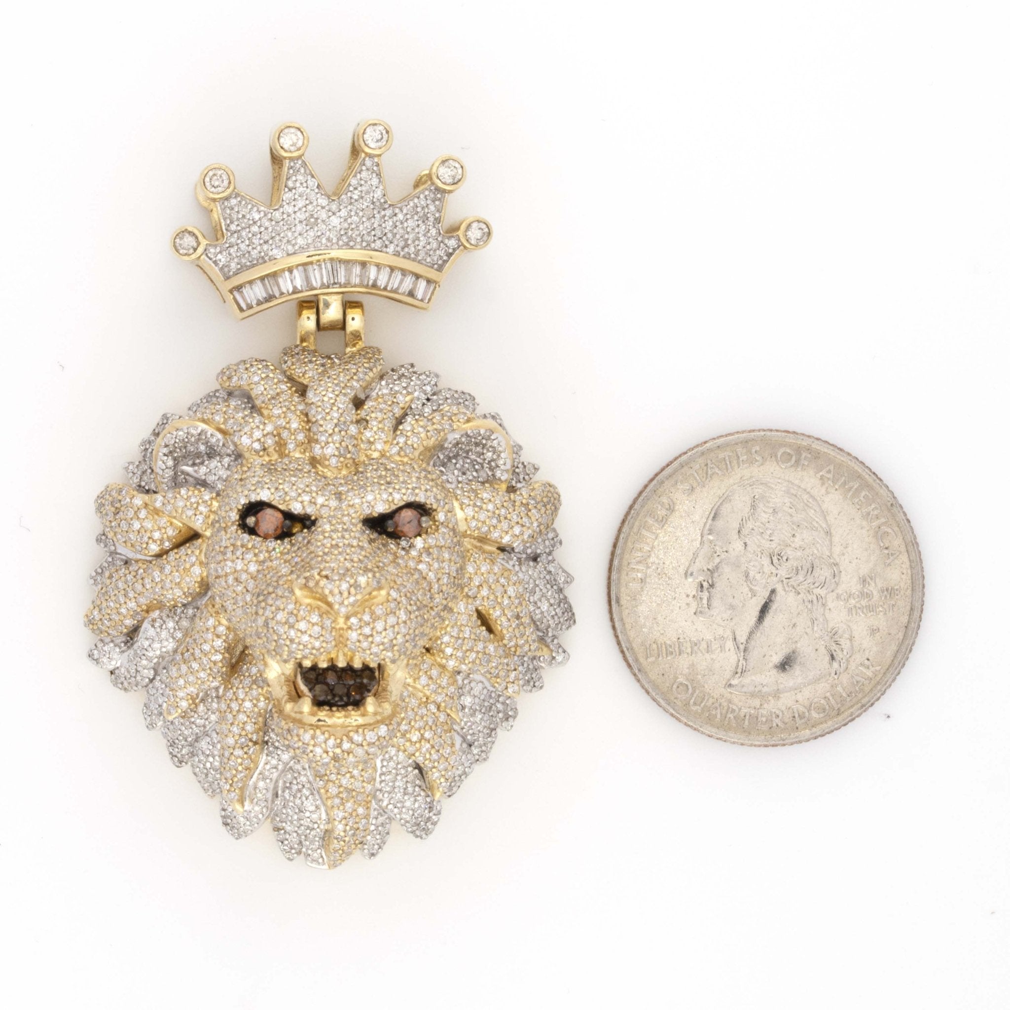 10K Two Toned Yellow and White Lion Head with Baguettes and Round Diamonds Brown Eyes and Tongue Pendant 2.2" - Elite Jewelers - Charms & Pendants